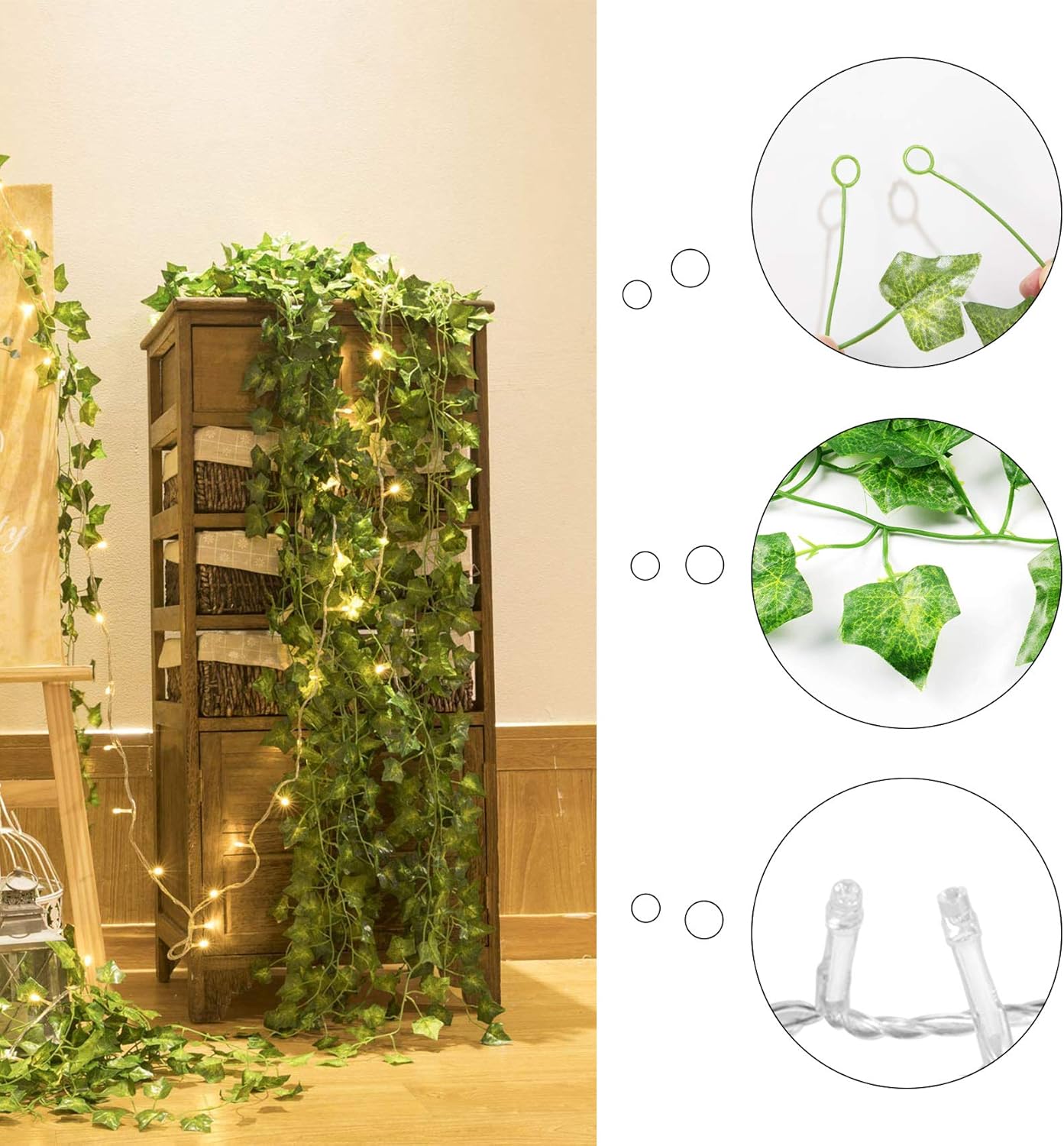COOLUCK 84Ft 12 Pack Artificial Ivy Leaf Plants Vine with 80 LED String Light,Green Vines Garland, Hanging for Home Kitchen Office Wedding Wall Décor