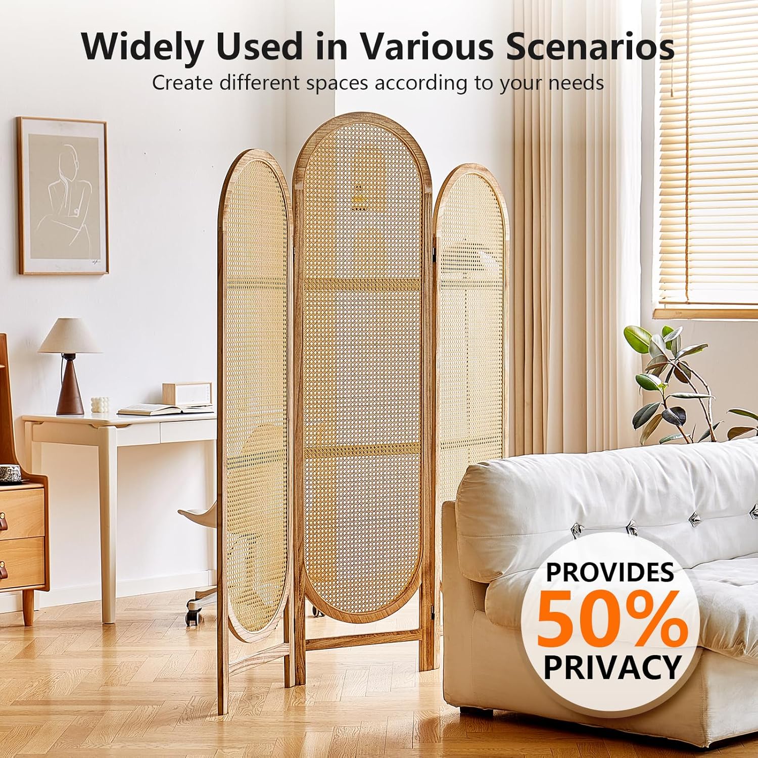 Room Divider 3 Panels, Hand-Woven Rattan Room Divider Wall, Foldable Wood Divider Screen, Creative Divider Wall, Folding Privacy Screens, Unique Design Privacy Divider Panel (Natural)