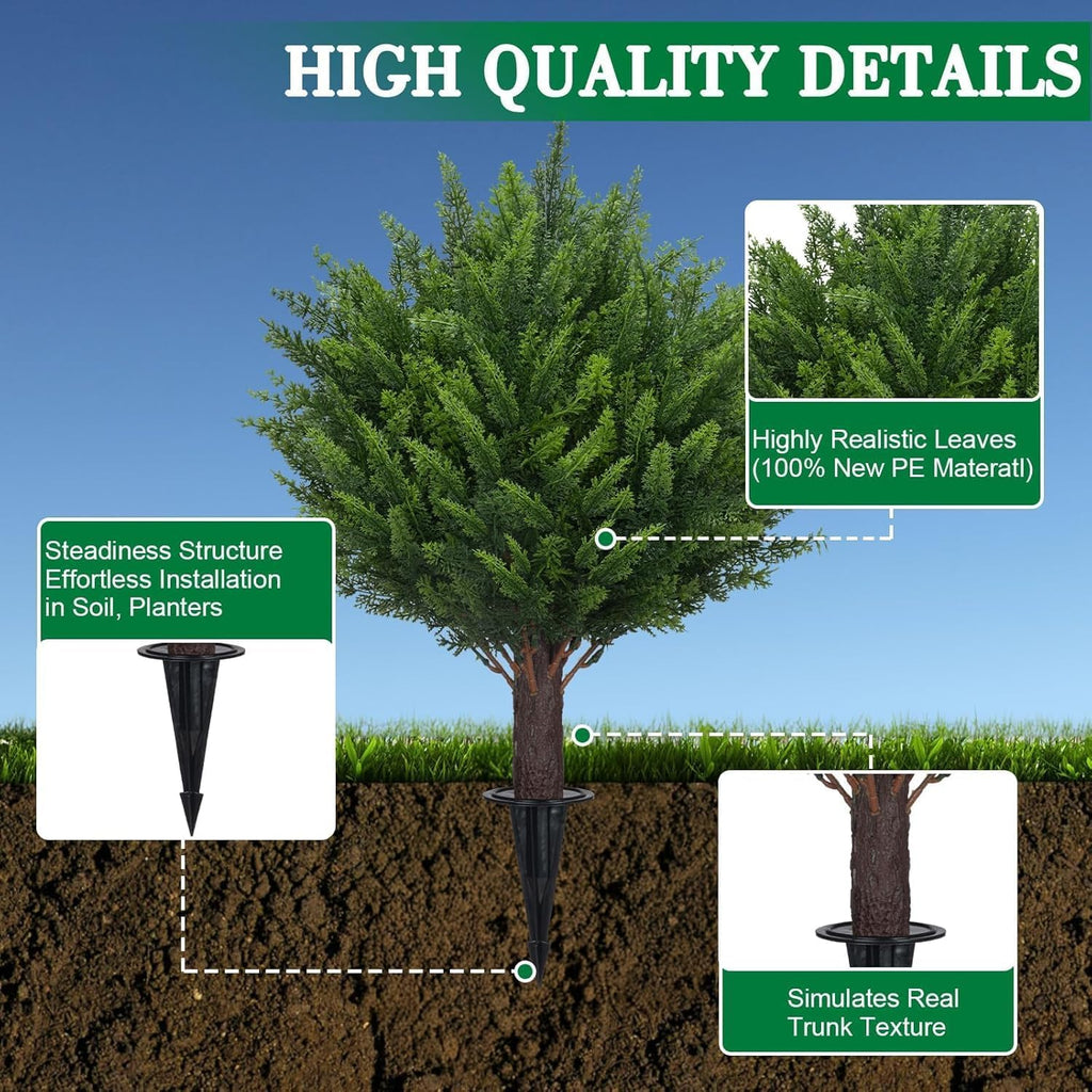 Artificial Set of 2 Cedar Topiary Ball Trees 22" for Outdoors with Ground Spike, UV Resistant Faux Cypress Plants into Anywhere, Evergreen Shrubs Bushes for Room Front Porch Garden Backyard Decor