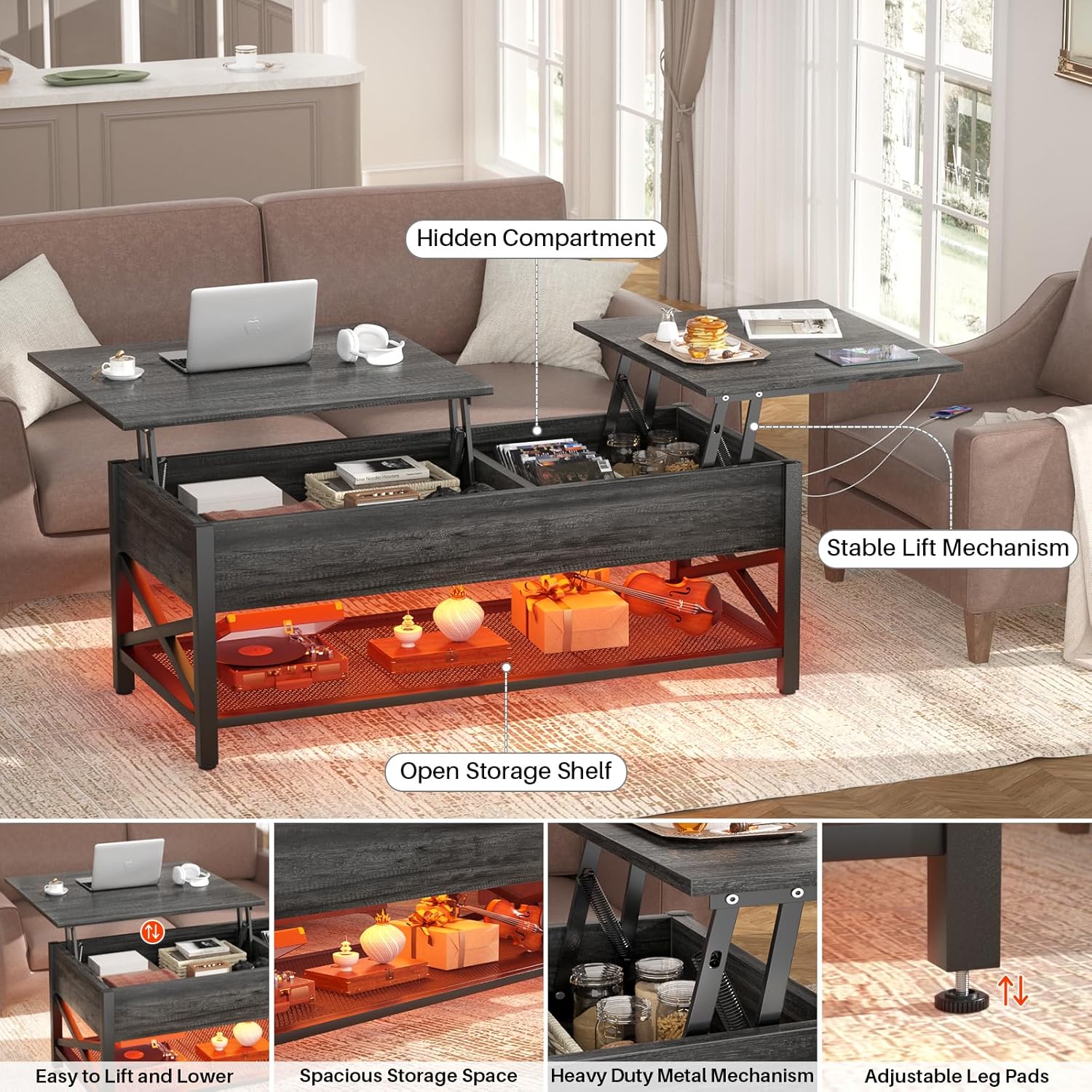 Aheaplus Lift Top Coffee Center Table with LED Light and Power Outlet, Modern Table with Storage Shelf for Living Room, Lift Tabletop, X Support, Metal Frame, Black Oak