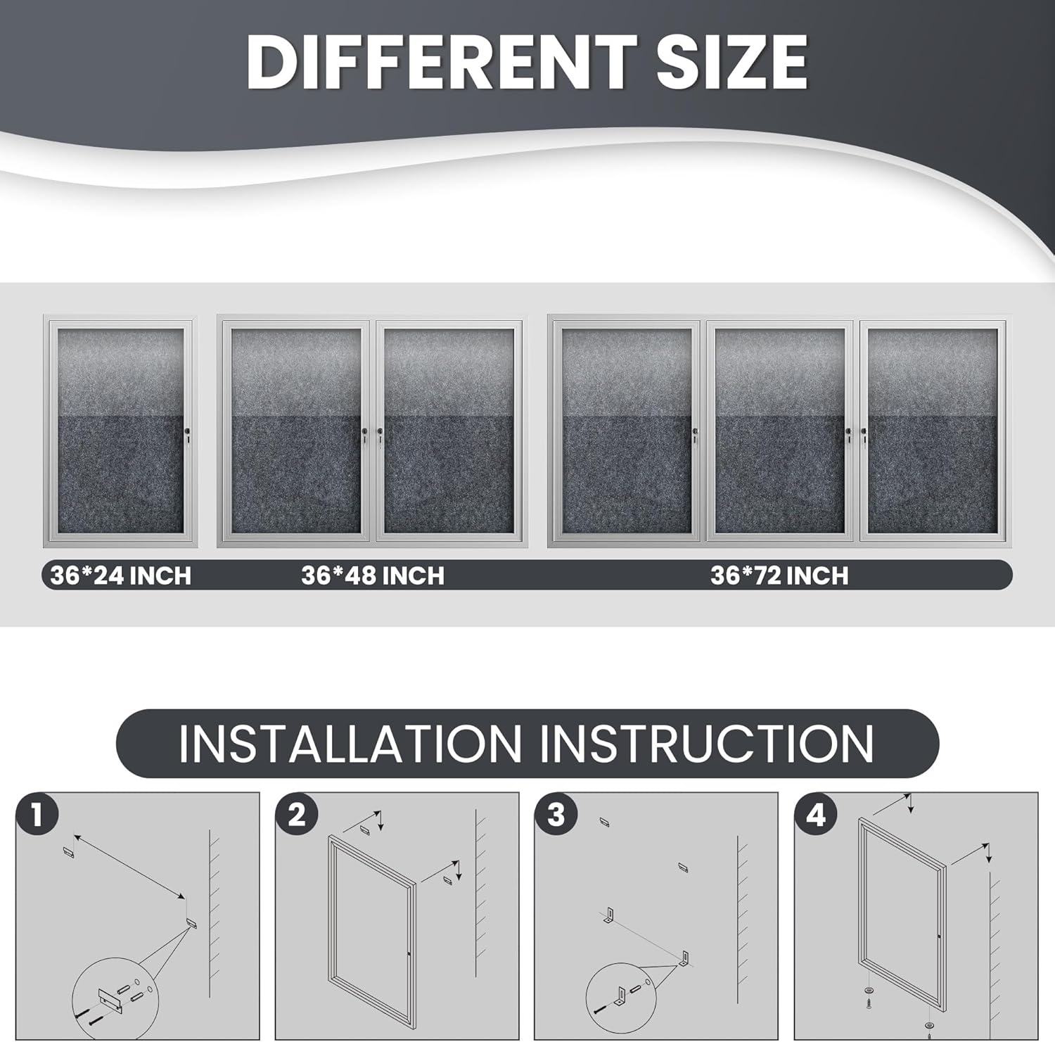 36"x24" Lockable Enclosed Bulletin Board, Outdoor Flet Weather-Resistant Aluminum Frame Notice Board, Wall Mounted Display Case Acrylic Doors for School,Office,Silver Frame w/Grey Flet