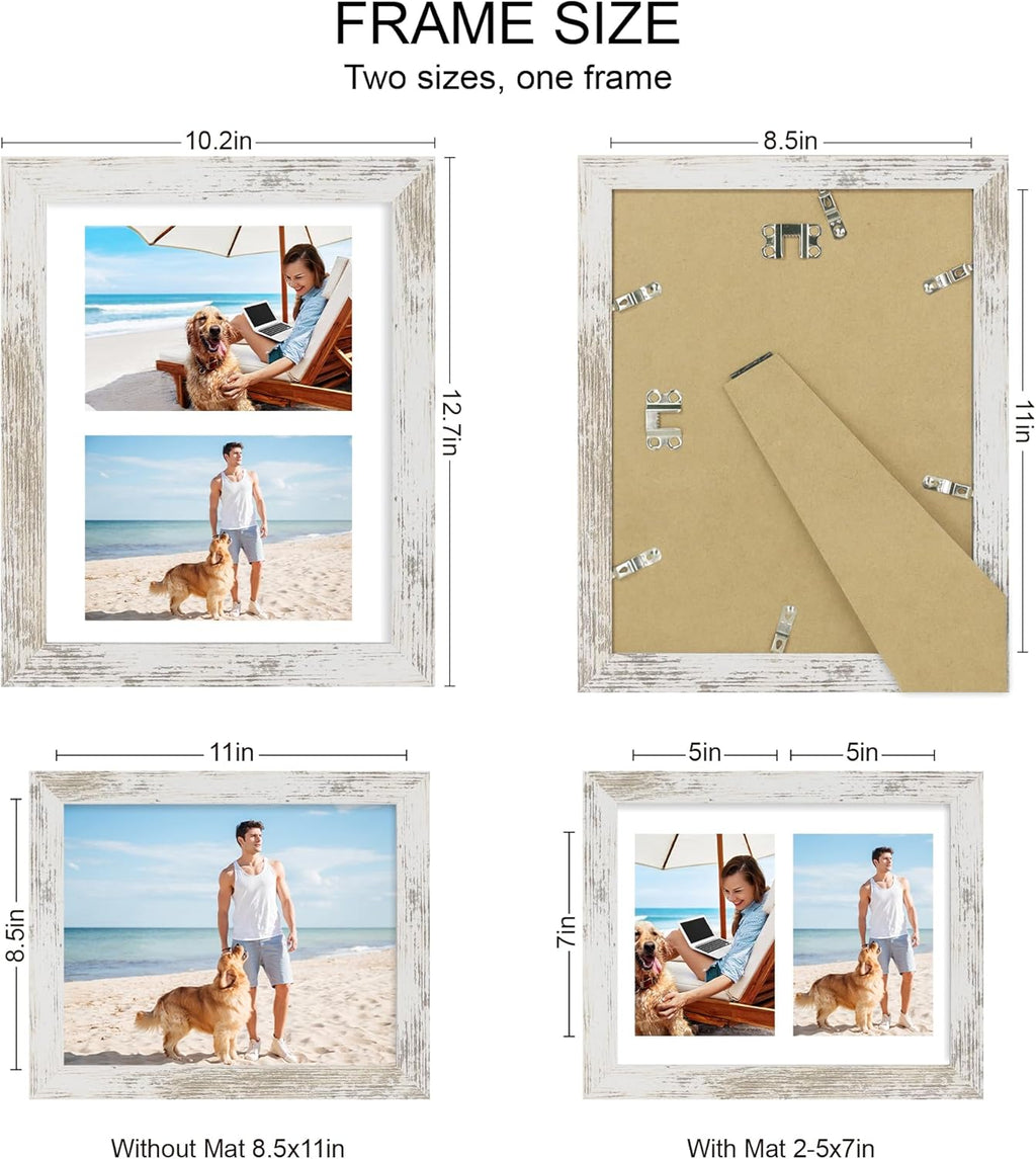 8.5x11 Picture Frame Set of 2, Distressed White Certificate Document Frames with Glass Collage Frame, Display Pictures Two 5x7 With Mat or 8.5 x 11 Without Mat, Photo Frames Wall Gallery