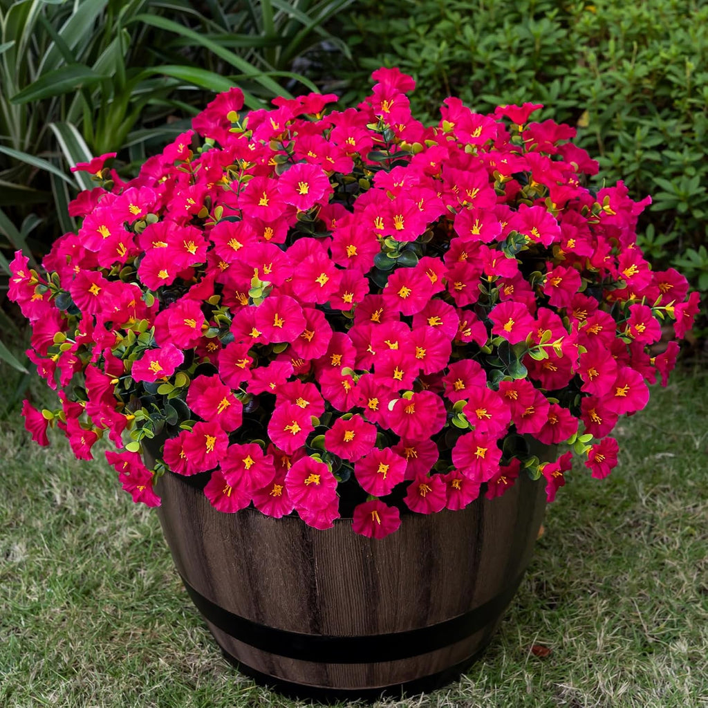 Artificial Faux Flowers for Outdoor 16 Bundles Boxwood Fake Morning Glory for Planter,UV Resistant Fake Flowers for Home Porch Patio Outside（Rose Red）