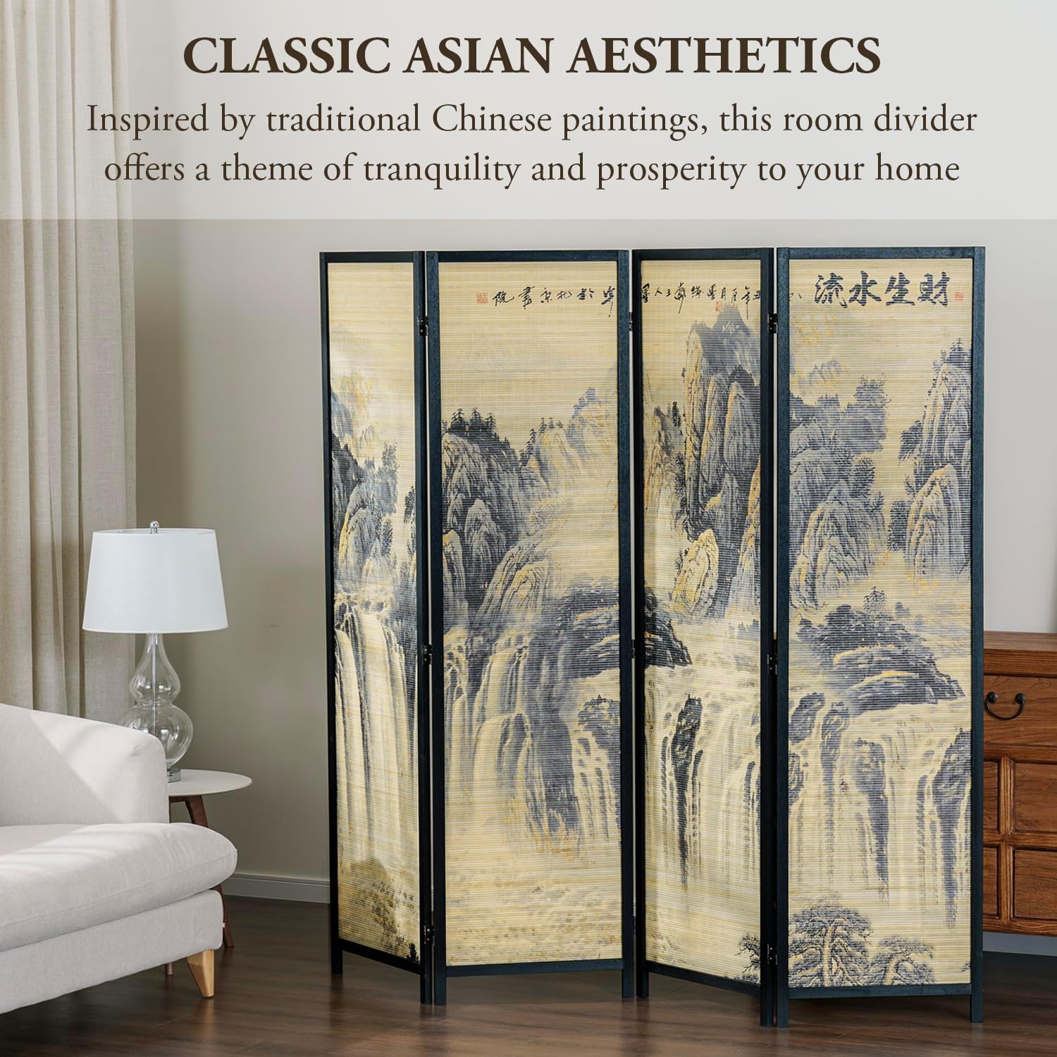MyGift 4 Panel Folding Room Divider, 6FT Bamboo Privacy Screen with Black Wood Frame, Ancient Asian Mountain & Waterfall Landscape Print, and Brushed Prosperity Calligraphy Design 77''W x 70.9''H