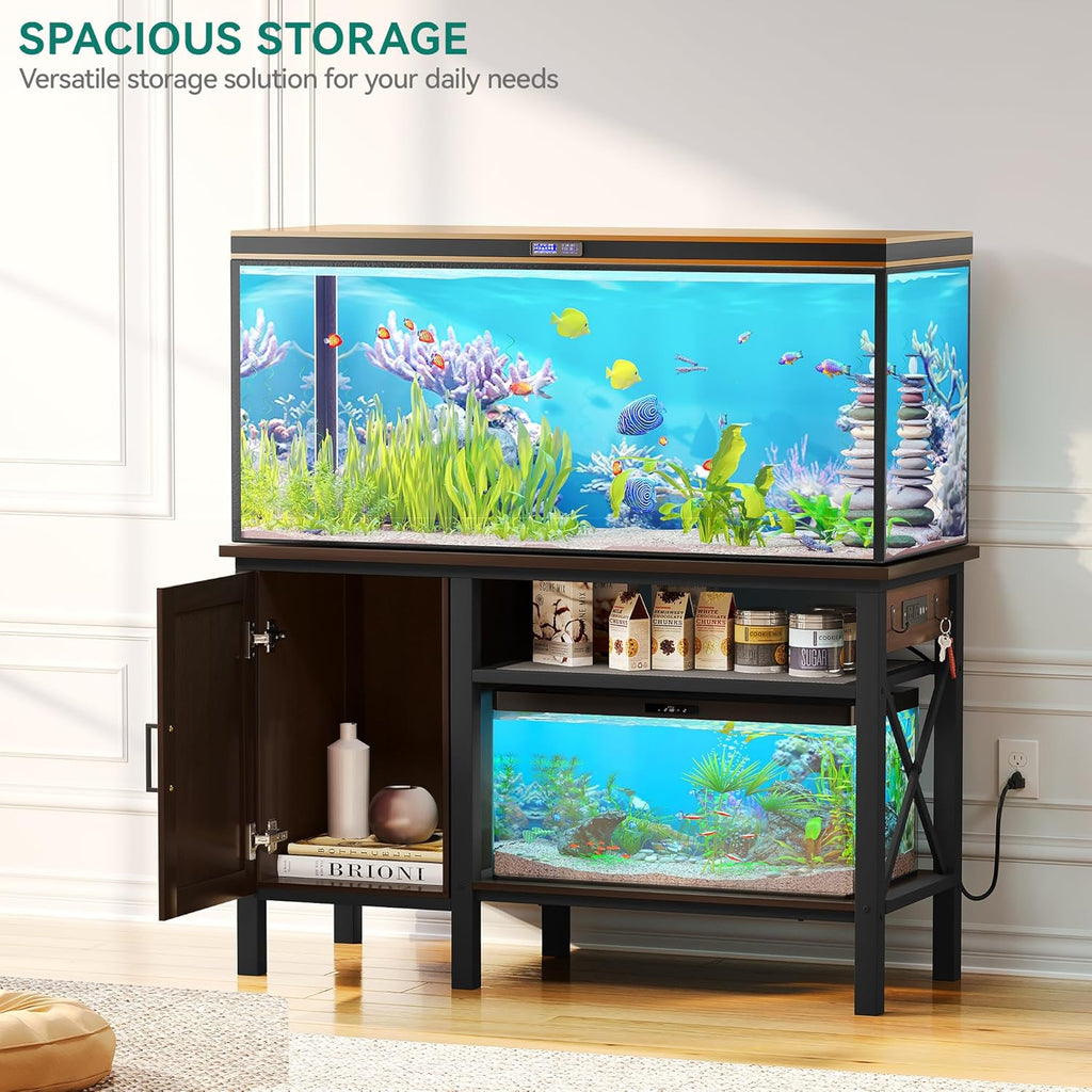 YITAHOME 55-75 Gallon aquarium stand with Power Outlets, Heavy Duty Metal Fish Tank Stand, Cabinet for Fish Tank Accessories Storage suitable for Fish Tank, Turtle Tank, 880LBS Capacity, Brown