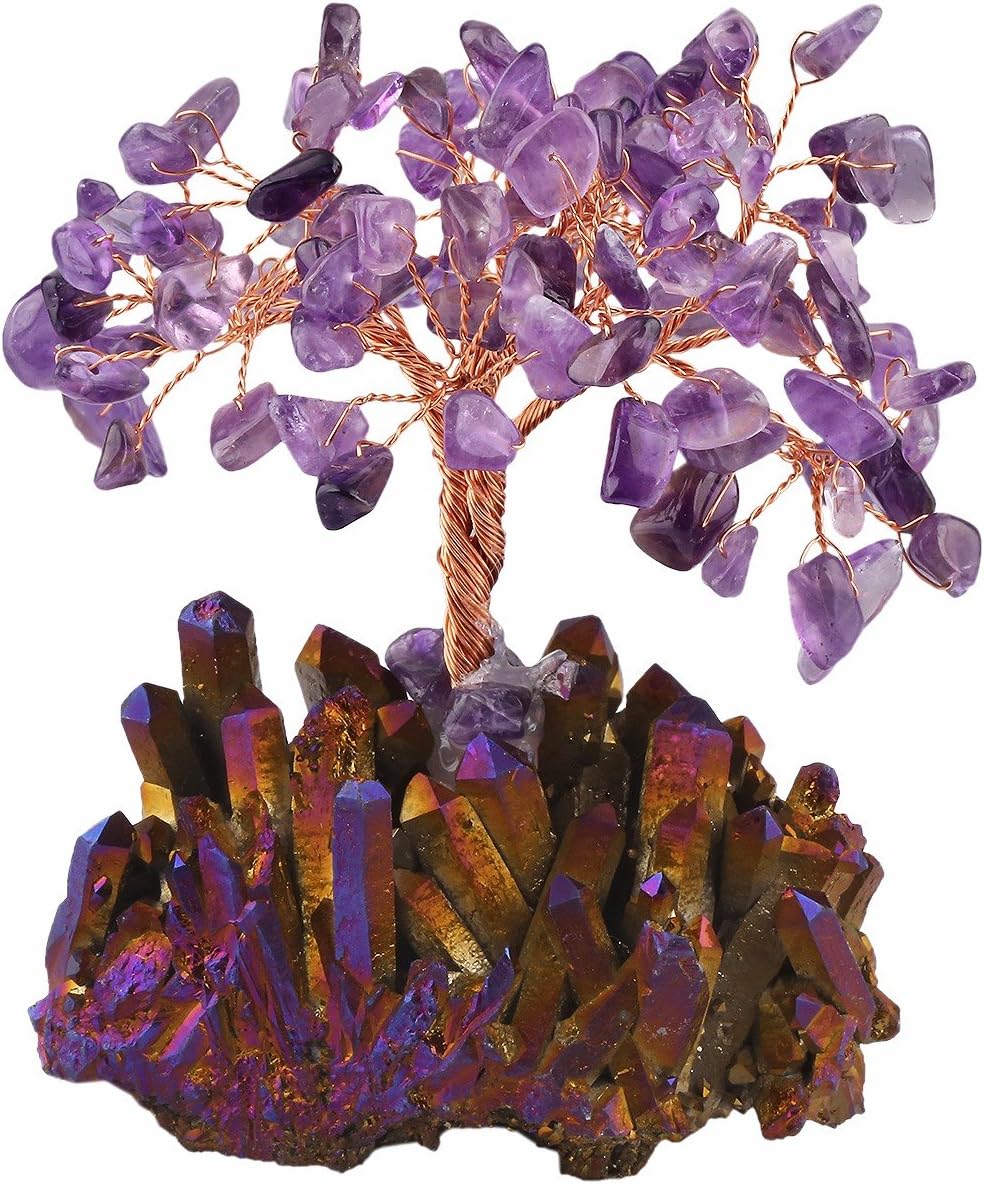 mookaitedecor Amethyst Crystal Tree, Quartz Cluster Purple Titanium Crystals Base Bonsai Money Tree for Wealth and Luck