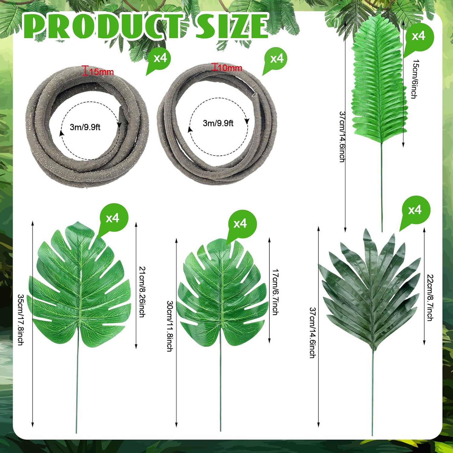 Preboun 40ft Jungle Theme Party Decorations Tropical Rainforest Leaves Safari Artificial Rattan Decoration with 100 Pcs Fake Tropical Palm Leaves for Indoor Outdoor Forest Garden Party Decor