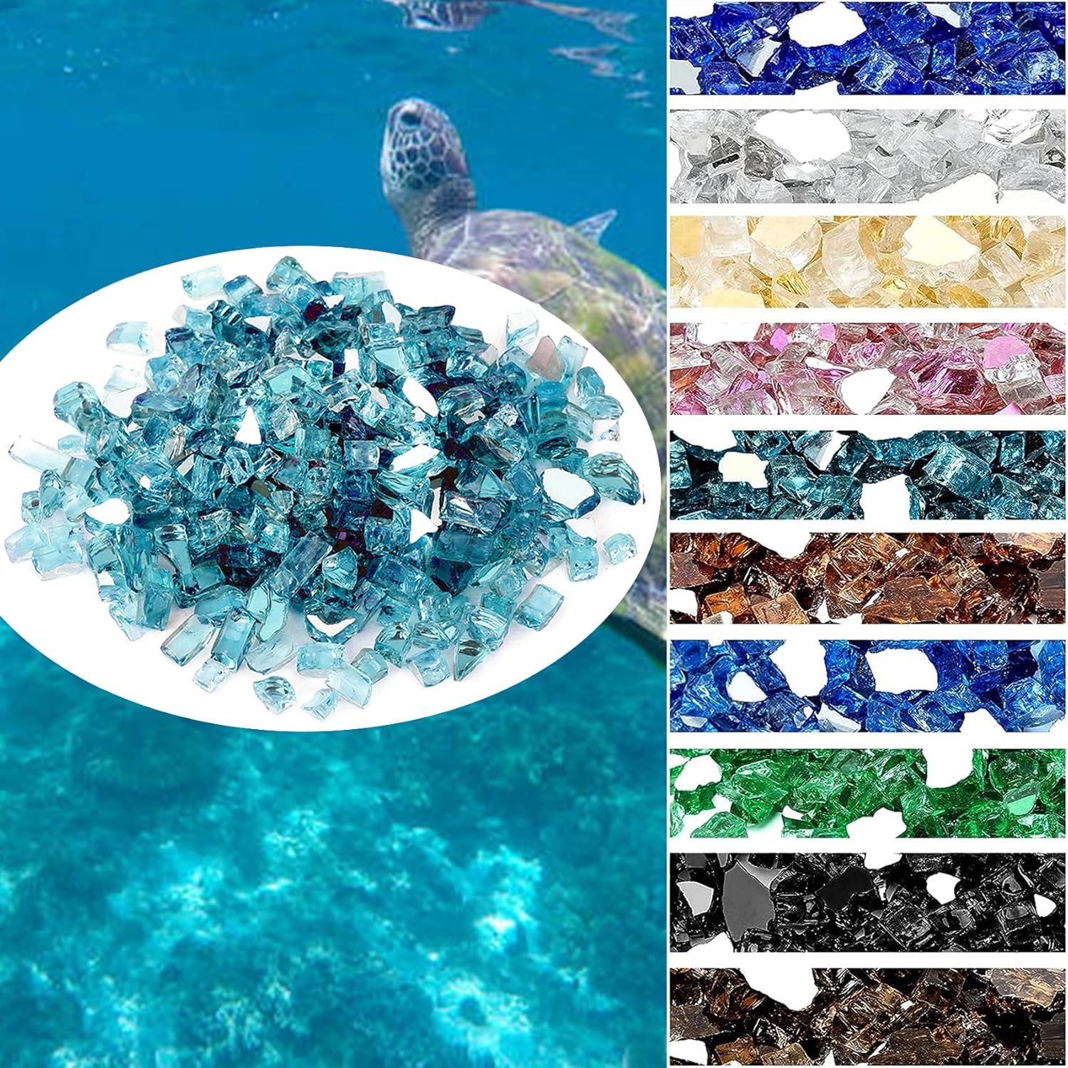 Onlyfire 10 pounds Fire Glass for Propane Fire Pit and Gas Fireplace, 1/4 Inch Reflective Firepit Glass Rocks for Fire Pit Table and Fire Bowl, High Luster Aqua Blue