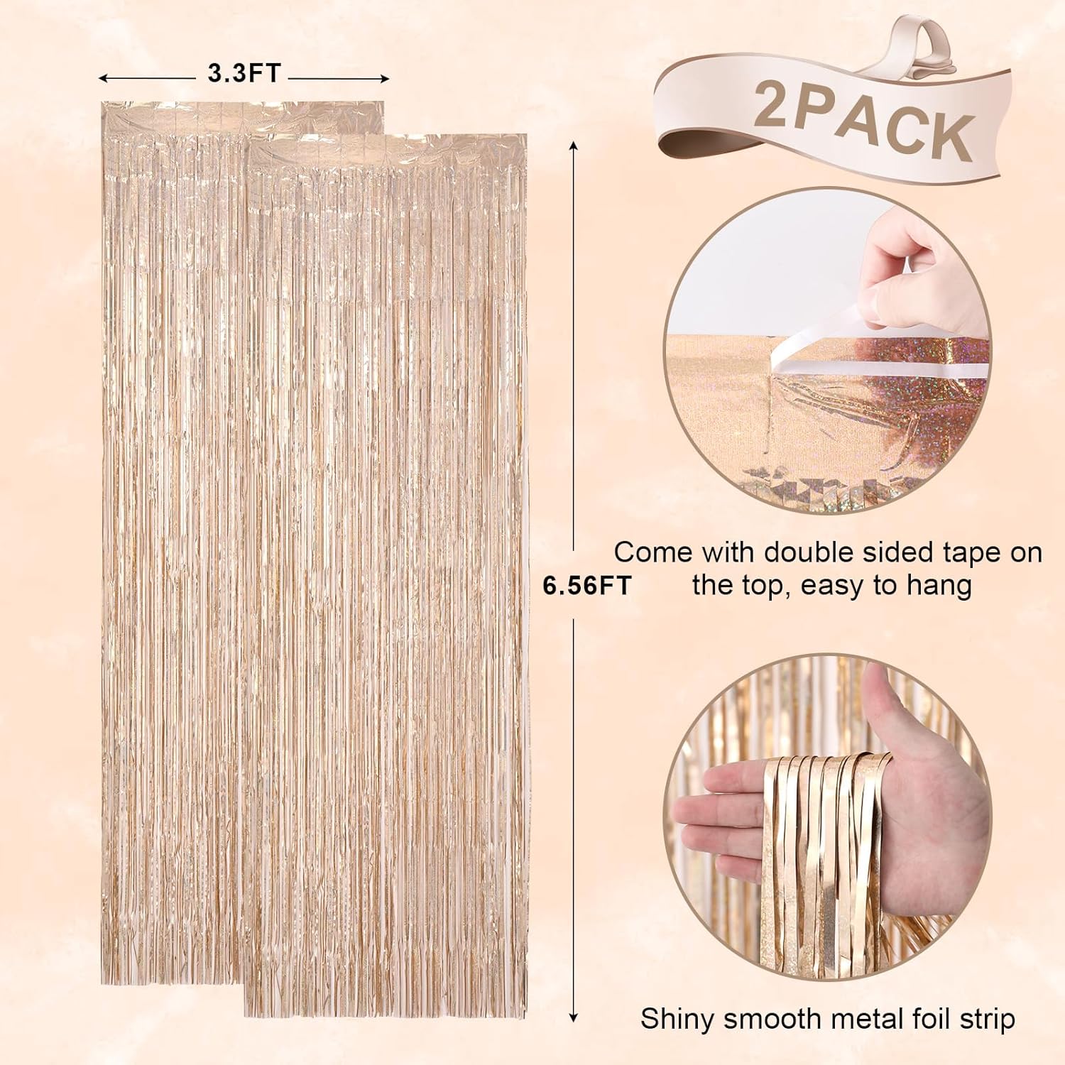 2 Pack Champagne Gold Tinsel Foil Fringe Curtains, Champagne Party Decorations, Metallic Tinsel Party Streamers Backdrop for Birthday Baby Shower Graduation Wedding Party Decorations
