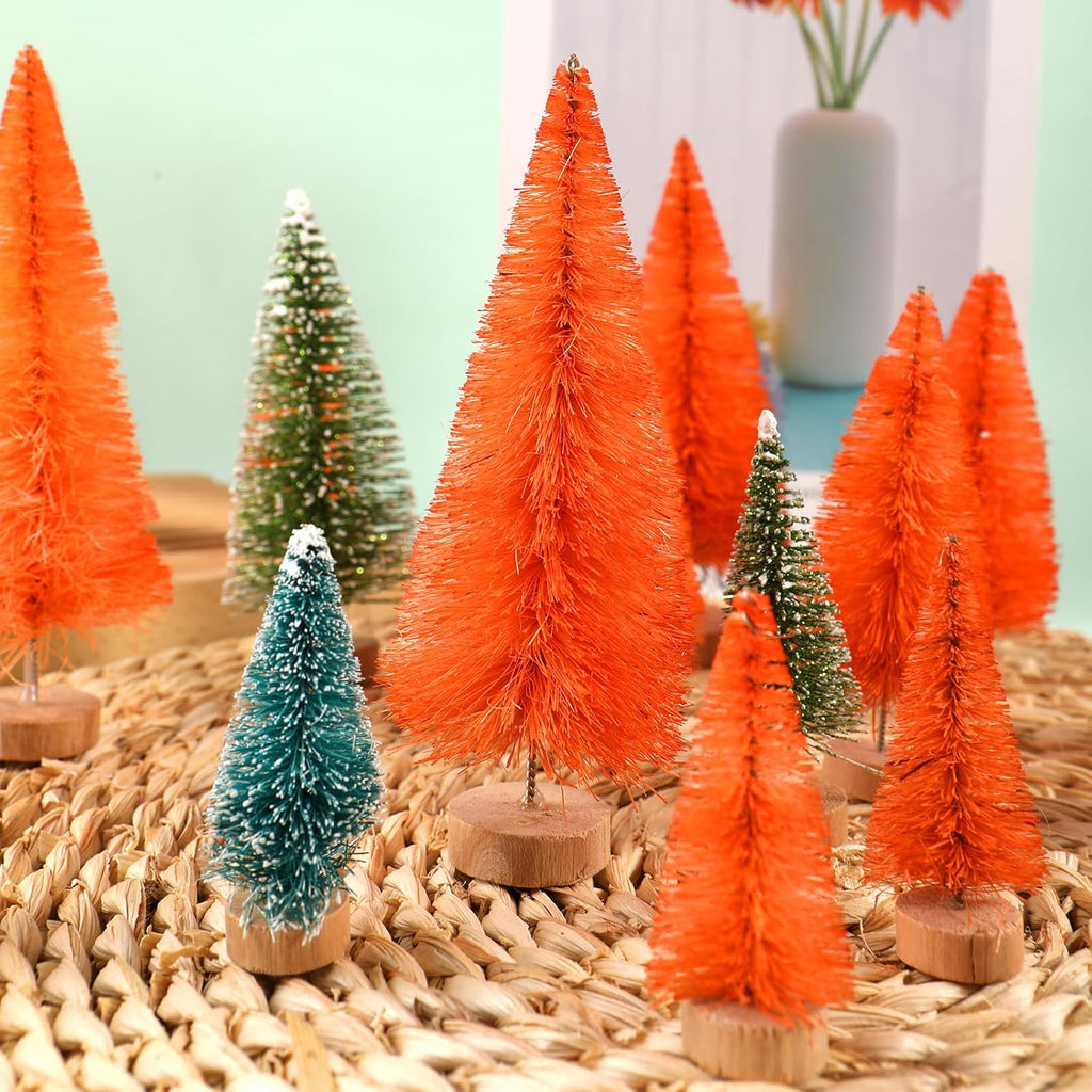 8 Pcs Artificial Mini Christmas Trees, Miniature Pine Trees Sisal Trees with Wood Base Tabletop Christmas Tree for Christmas Xmas Holiday New Year (Orange, 8 pcs)