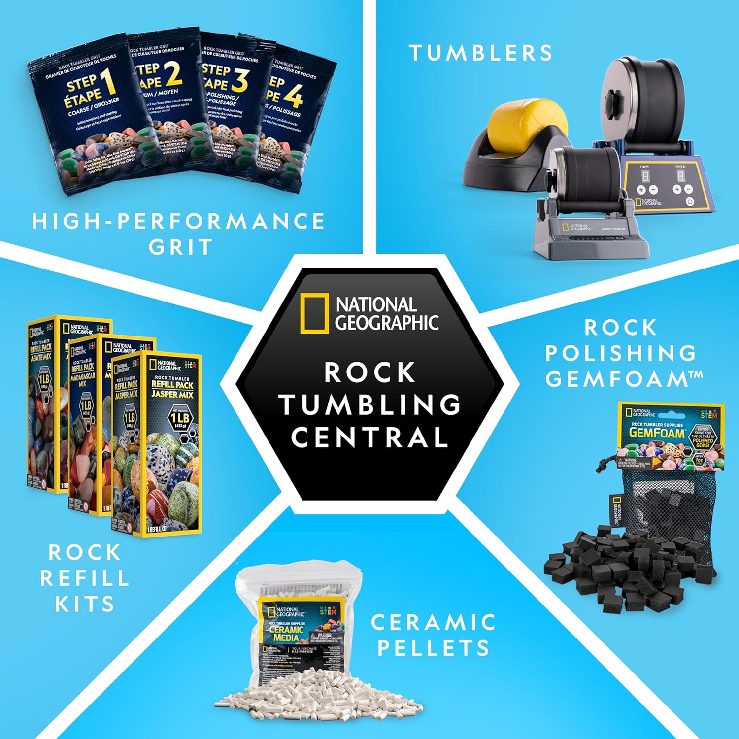 NATIONAL GEOGRAPHIC Rock Tumbler Grit and Polish Refill Kit - Tumbling Grit Media, Polish Up to 20 lbs. of Rocks, Works with any Rock Polisher & Tumbler Supplies