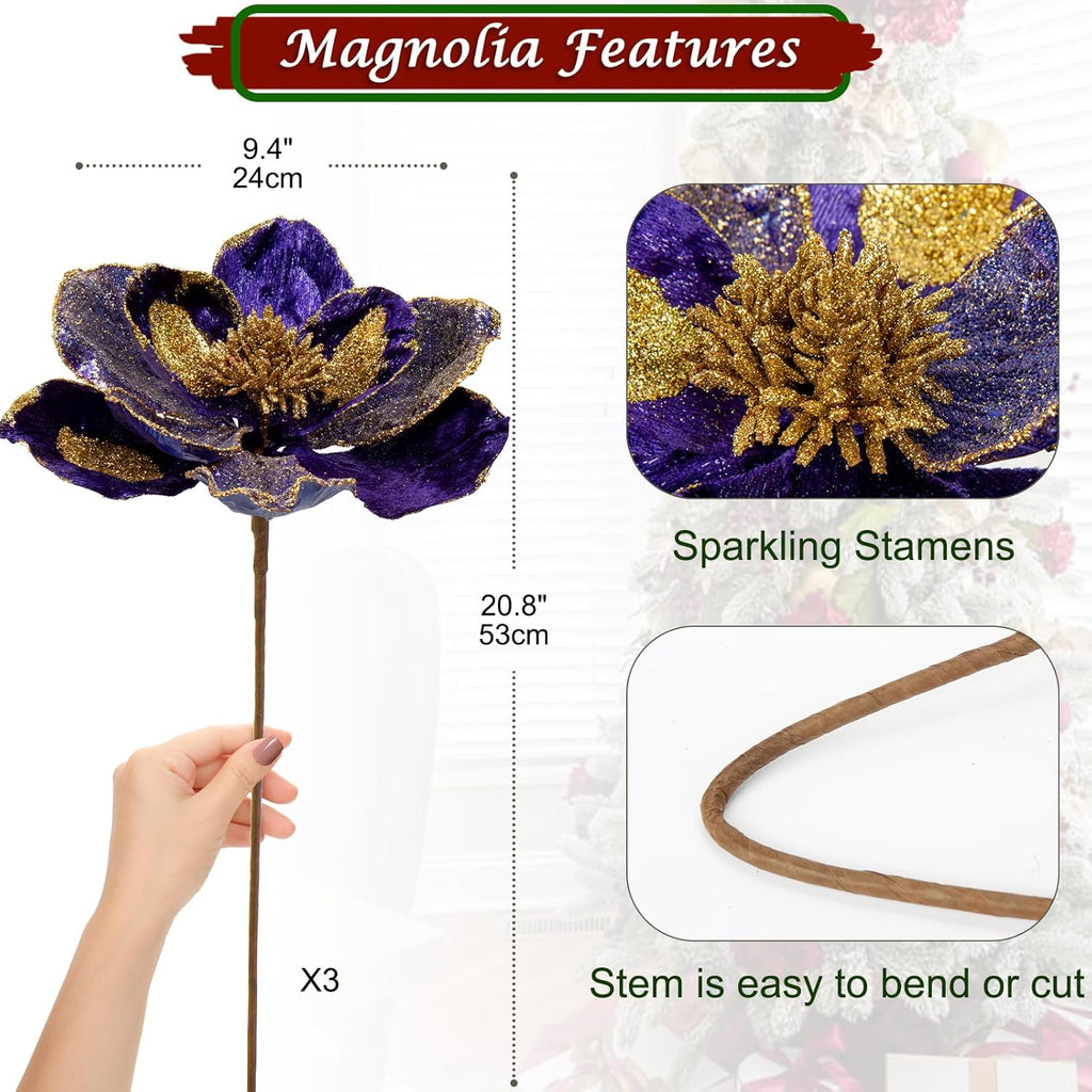 Briful 10’’ Large Heads Christmas Glitter Magnolia Flowers Christmas Tree Ornaments Set of 3 Artificial Flowers with Picks Stems for Xmas Tree Holiday Decorations, Purple and Gold