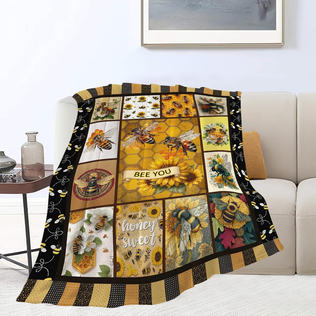 Bee Throw Blanket Bee Stuff Gifts for Kids Girls Boys Adults Women Men Soft Cozy Warm Plush Fluffy Fuzzy Fleece Blanket Decor 60''X80''
