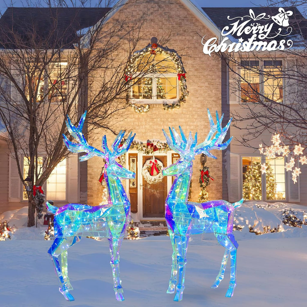 60" Pre-lit Christmas Reindeer, Outdoor Prismatic Iridescent Reindeer with 160 LED Lights, Stakes, Large Lights Up Deer Christmas Decorations Holiday Display for Yard Garden Patio