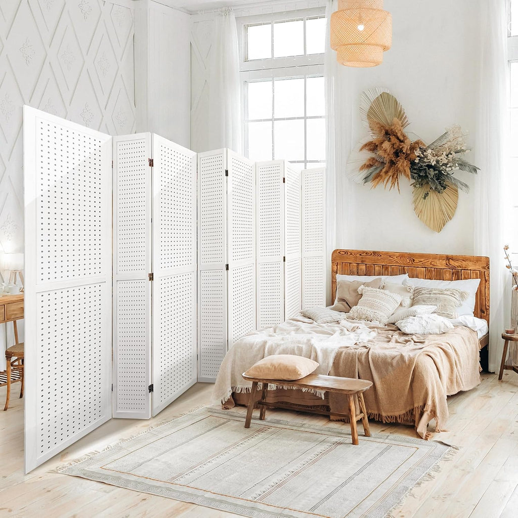 NicBex Room Divider 8 Panel Pegboard Display 5.6FT Wood PegBoard Room Dividers, Folding Privacy Screens Portable Display Board Wall Divider for Craft/Art Shows, Room Separation, White