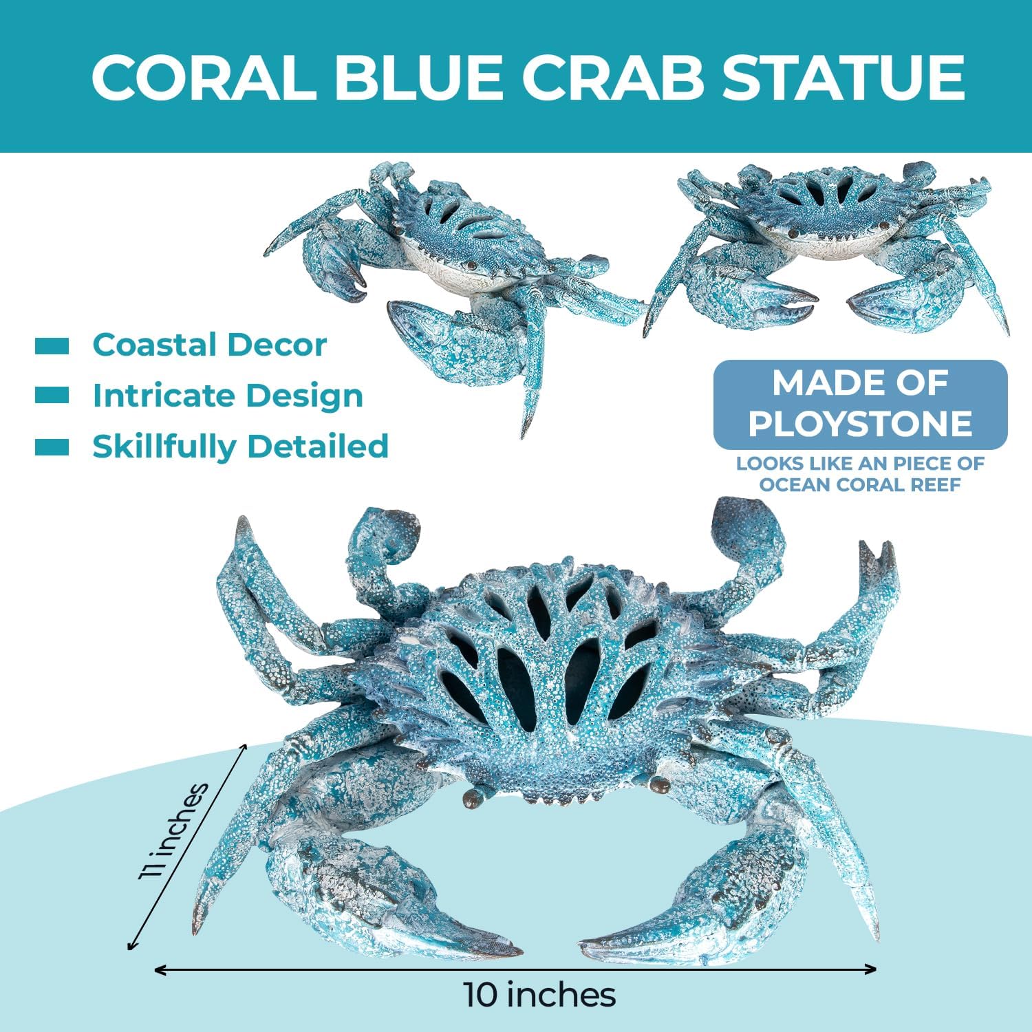 Blue Coral Crab Statue – Ocean Coral Reef Coastal Decor for Beach Homes | Polystone Nautical Figurine with Textured Finish for Shelf or Tabletop Display (11” x 10”) by Corner Merchant