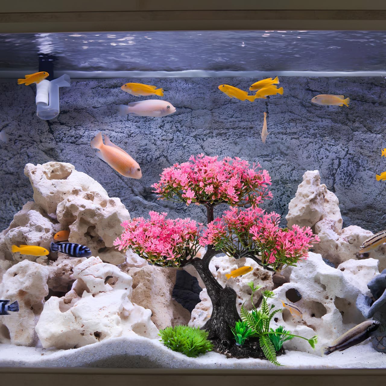 Garneck Aquarium Artificial Plants Pink Cherry Blossom Tree Grass Set Fish Decorations for Tank Accessories Home Office Fish Tank Aquarium Decorations