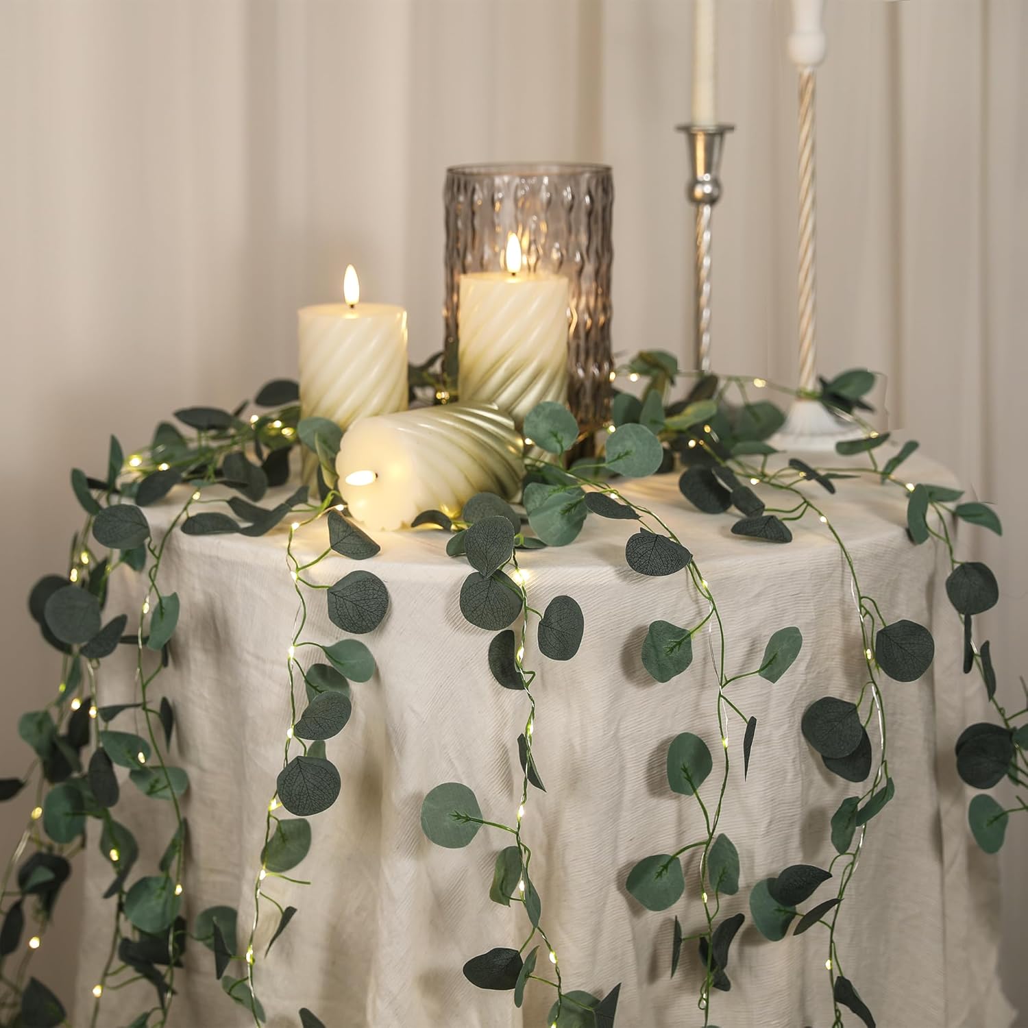 2 Pack 6.56 Ft Vine Lights Eucalyptus Leaf Lights Battery Operated, 40 LEDs Artifical Garland Plant Leaves with Light for Wedding, Garden, Patio, Bedroom, Stair Railing Decor (Warm White)