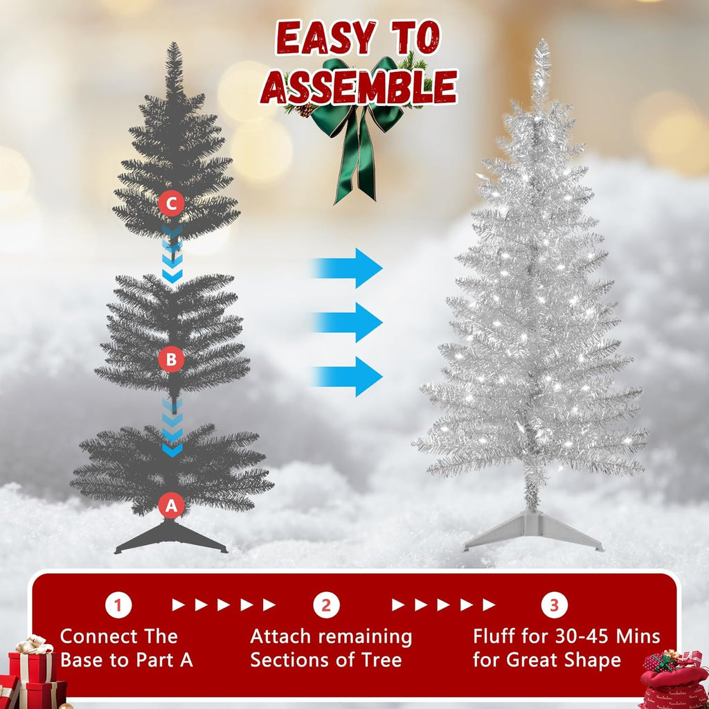 4ft Artificial Full Silver Christmas Tree with Separate Lights, Not Pre-lit Mini Silver Tinsel Pine Christmas Tree, 50 Lights, Small Xmas Tree for Home, Office, Party Decoration, Indoor