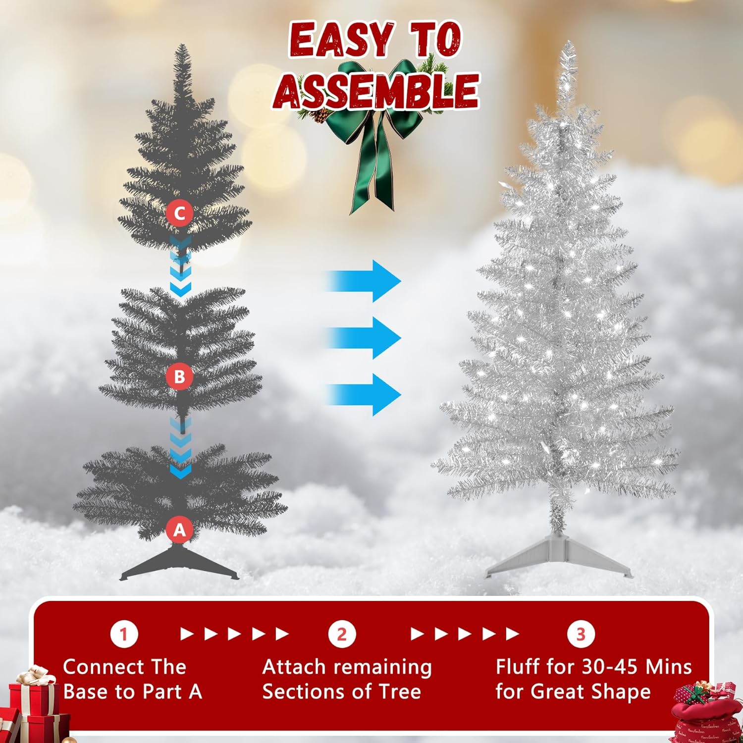 4ft Artificial Full Silver Christmas Tree with Separate Lights, Not Pre-lit Mini Silver Tinsel Pine Christmas Tree, 50 Lights, Small Xmas Tree for Home, Office, Party Decoration, Indoor