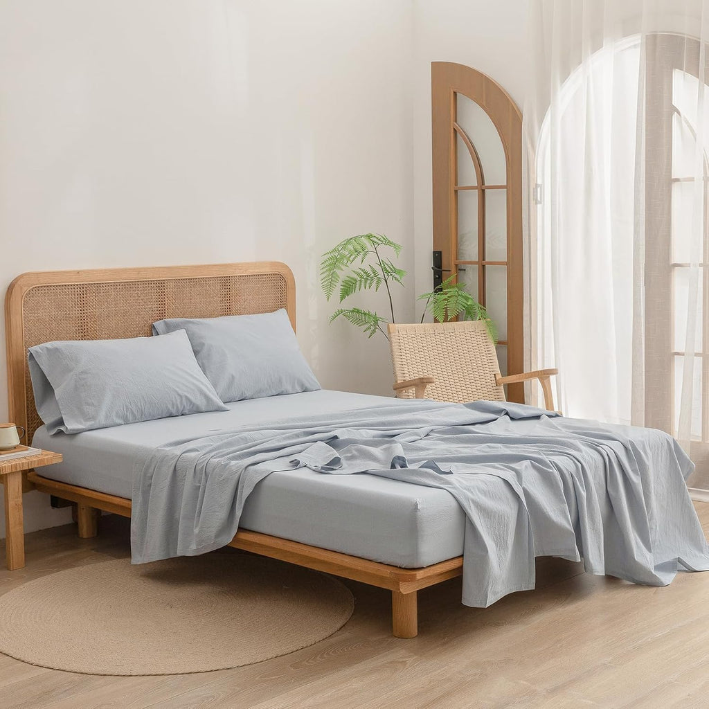 BESTOUCH Sheet Set 100% Washed Cotton Linen Feel Super Soft Comfortable Chic Lightweight 4 Pcs Home Bedding Set Solid Cornflower Blue Queen