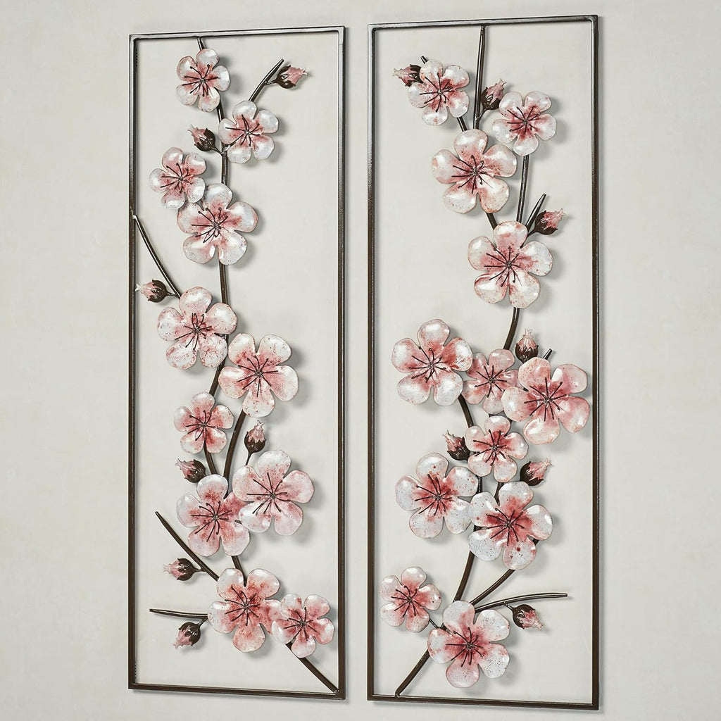 Pink Cherry Blossom Metal Wall Art Panel Set of Two | Floral Style Decor for Bedroom, Living Room, Foyer, Entrway, Office