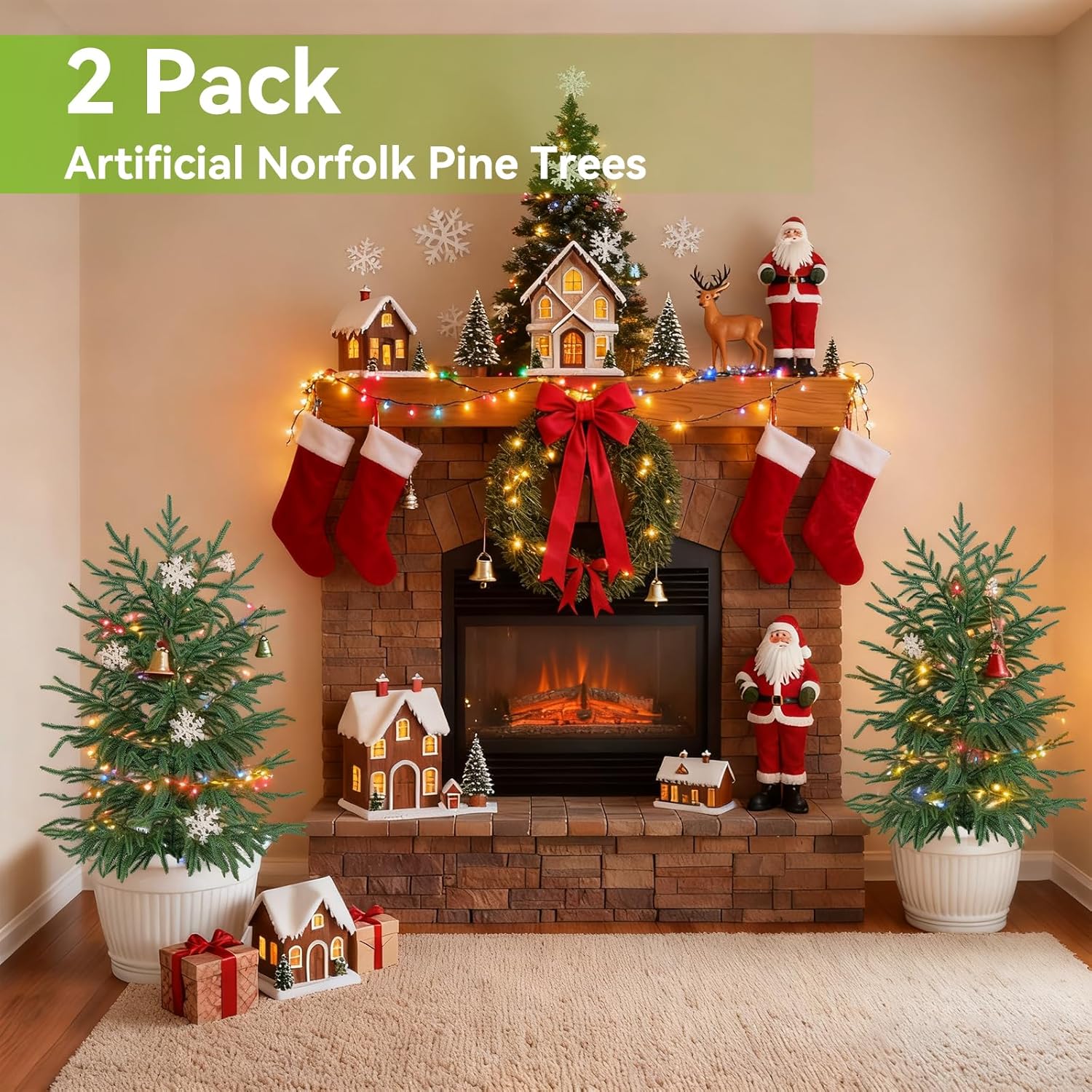 3FT Artificial Norfolk Pine Tree, 1pc Artificial Christmas Tree Faux Potted Plants for Front Porch Christmas Indoor Outdoor Decor
