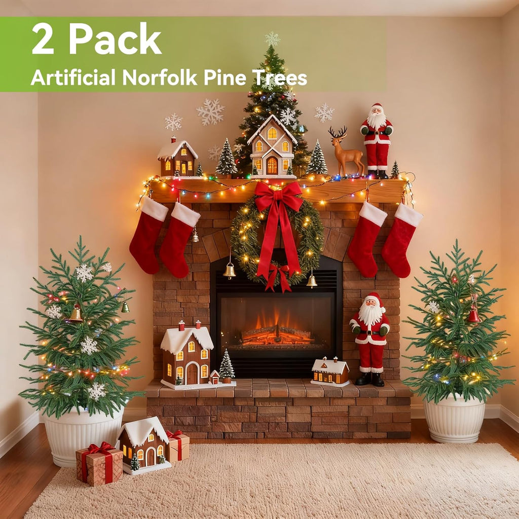 3FT Artificial Norfolk Pine Tree, 2pc Artificial Christmas Tree Faux Potted Plants for Front Porch Christmas Indoor Outdoor Decor