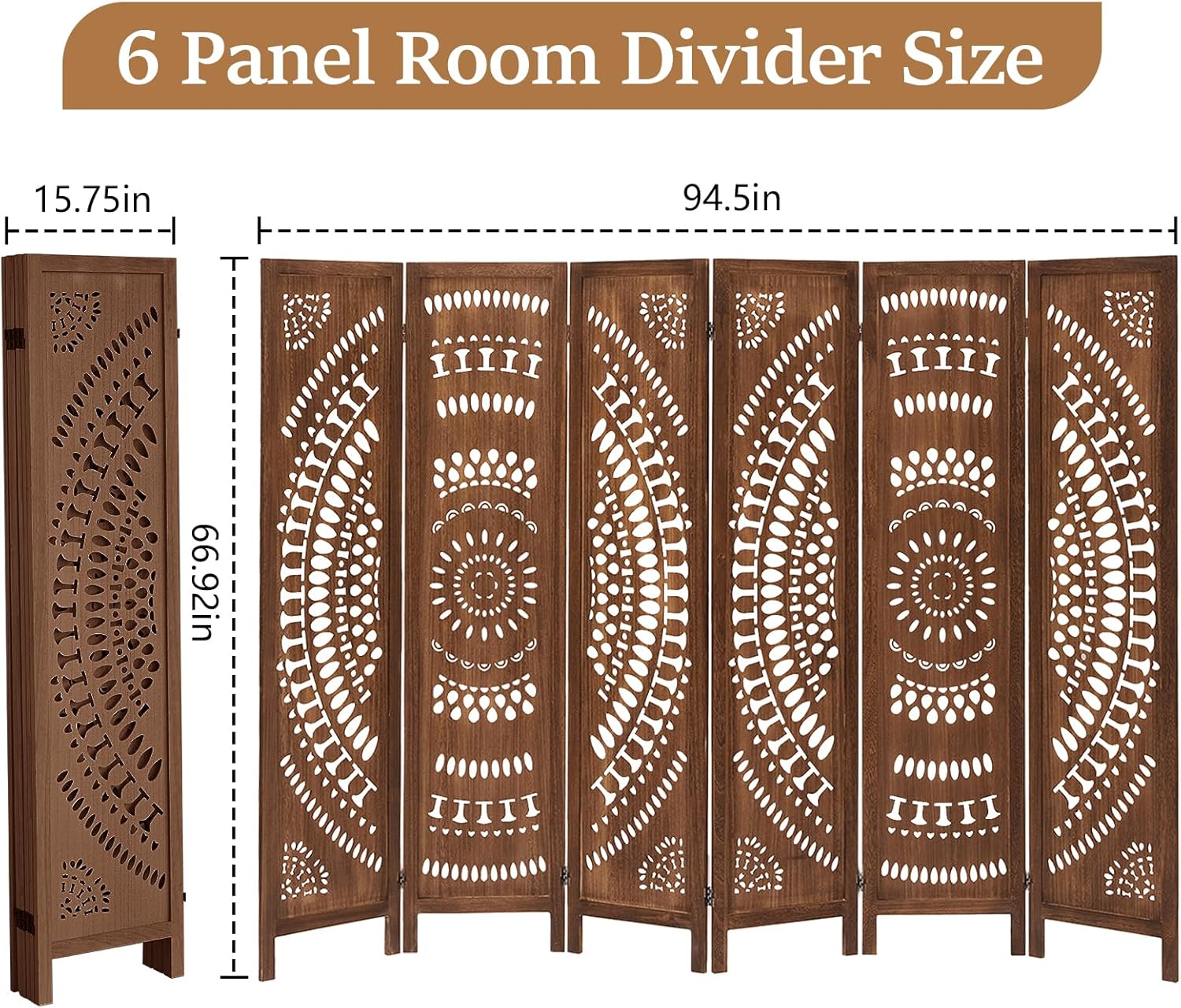 Boho 6 Panel Room Divider, Room Dividers and Folding Privacy Screens, Modern Room Partition, 67" Room Divider Wall, Privacy Dividers for Rooms, Bedroom, Office, Dark Brown