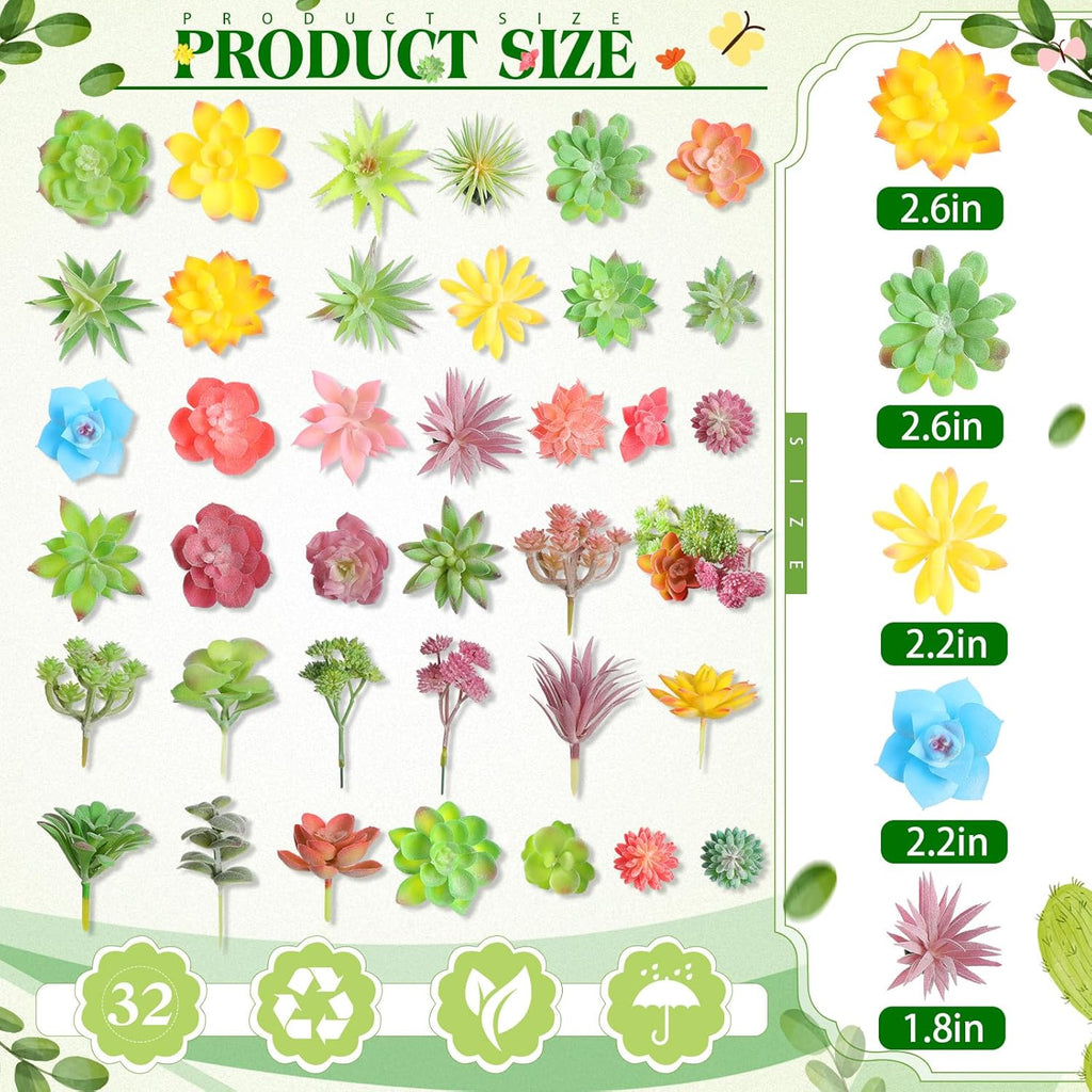 Jutom 32 Pieces Mini Artificial Succulents Unpotted Realistic Colorful Faux Succulents Small Cactus Plants for Garden Flower Kitchen Home Decor