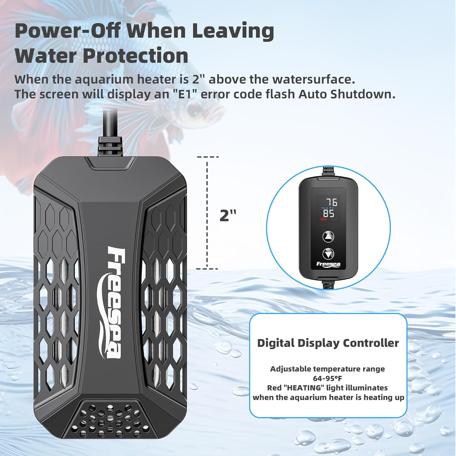 FREESEA Aquarium Fish Tank Heater: 50W Small Submersible Aquarium Heaters with Adjustable Digital LED Controller Leaving Water Automatic Stop Heating for 5-10 Gallon Betta Turtle Freshwater Saltwater
