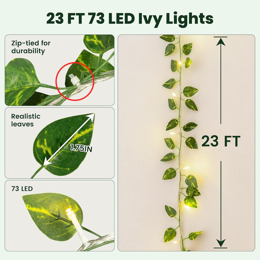 HEYFUNi Vines with Lights, 23 Ft 73 Led Faux Pothos String Lights Plug in, Leaf Lights for Bedroom, Wall, Balcony, Wedding Decor, Warm White