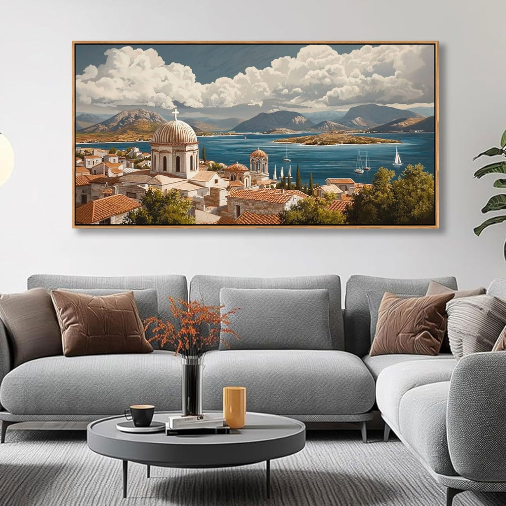 YDYSUNE Ocean Wall Art - Village Large Canvas Art Wall Decor for Living Room, Bedroom Pictures Retro Seaside PaintingS Decoration Sailboat Artwork Framed Size 24x48 Inches