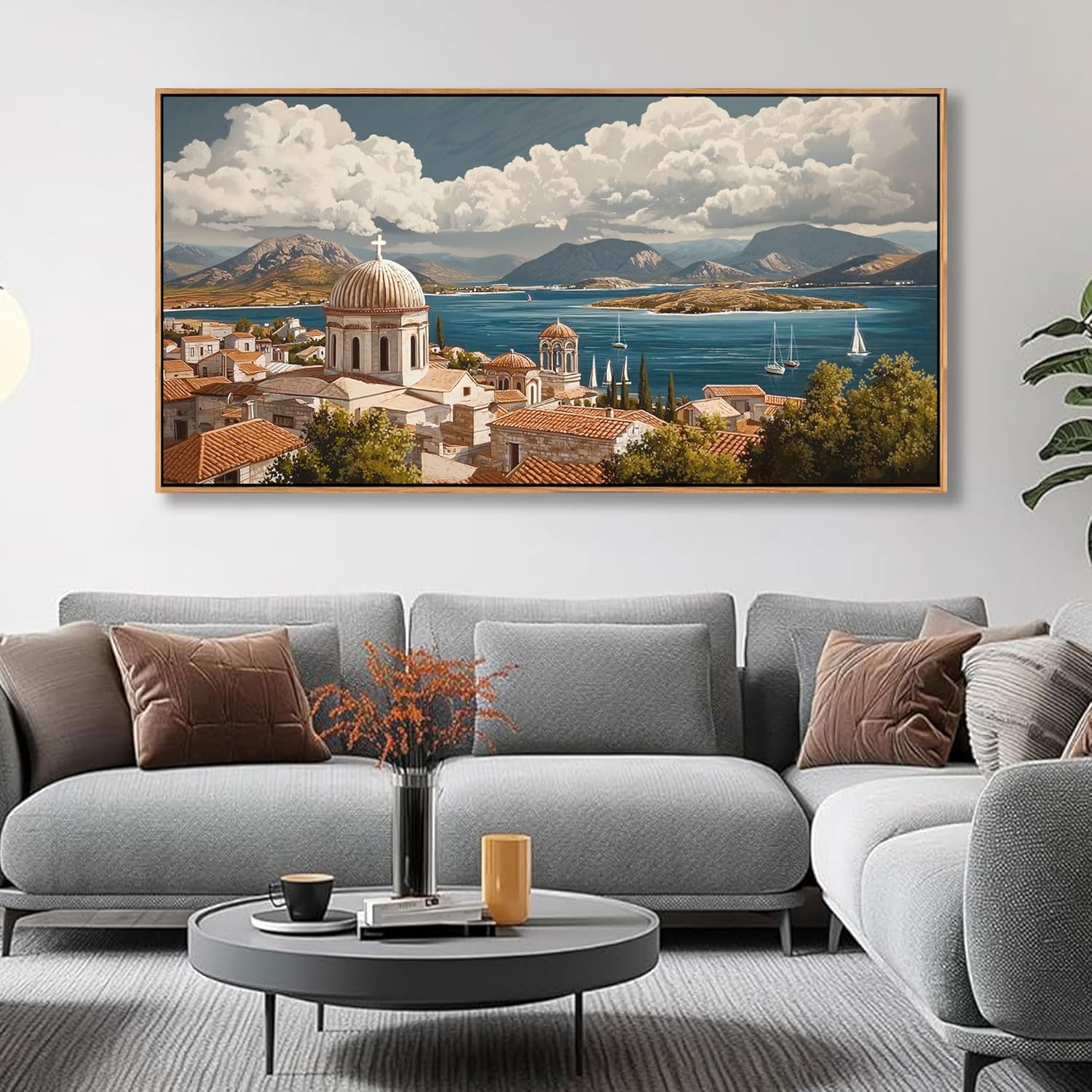 YDYSUNE Ocean Wall Art - Village Large Canvas Art Wall Decor for Living Room, Bedroom Pictures Retro Seaside PaintingS Decoration Sailboat Artwork Framed Size 24x48 Inches