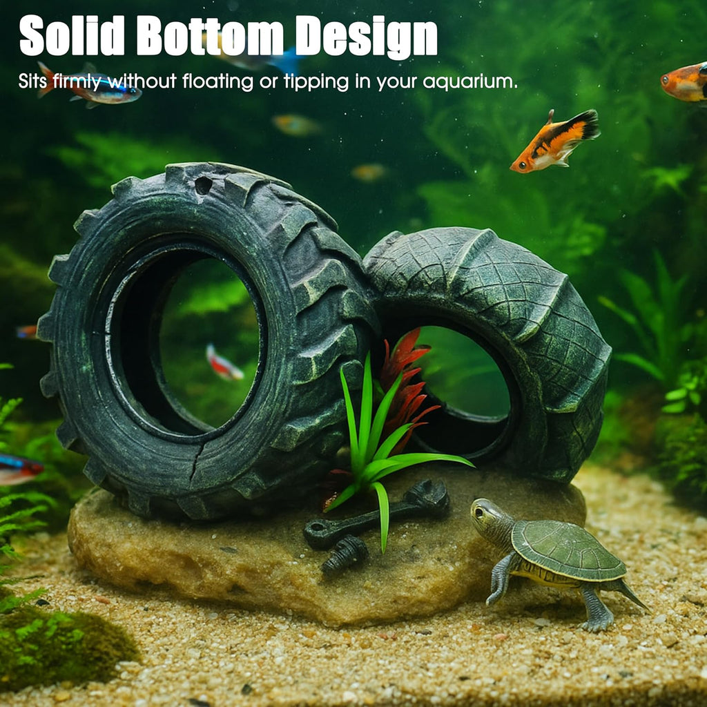 Aquarium Resin Decorations, Tree House Ornament-Tire Scene, Aquarium Decor for Glofish, Betta Accessories, Turtle Hideouts, Aquarium Plants, Ornaments & Fish Tank Accessories (Tire landscape)