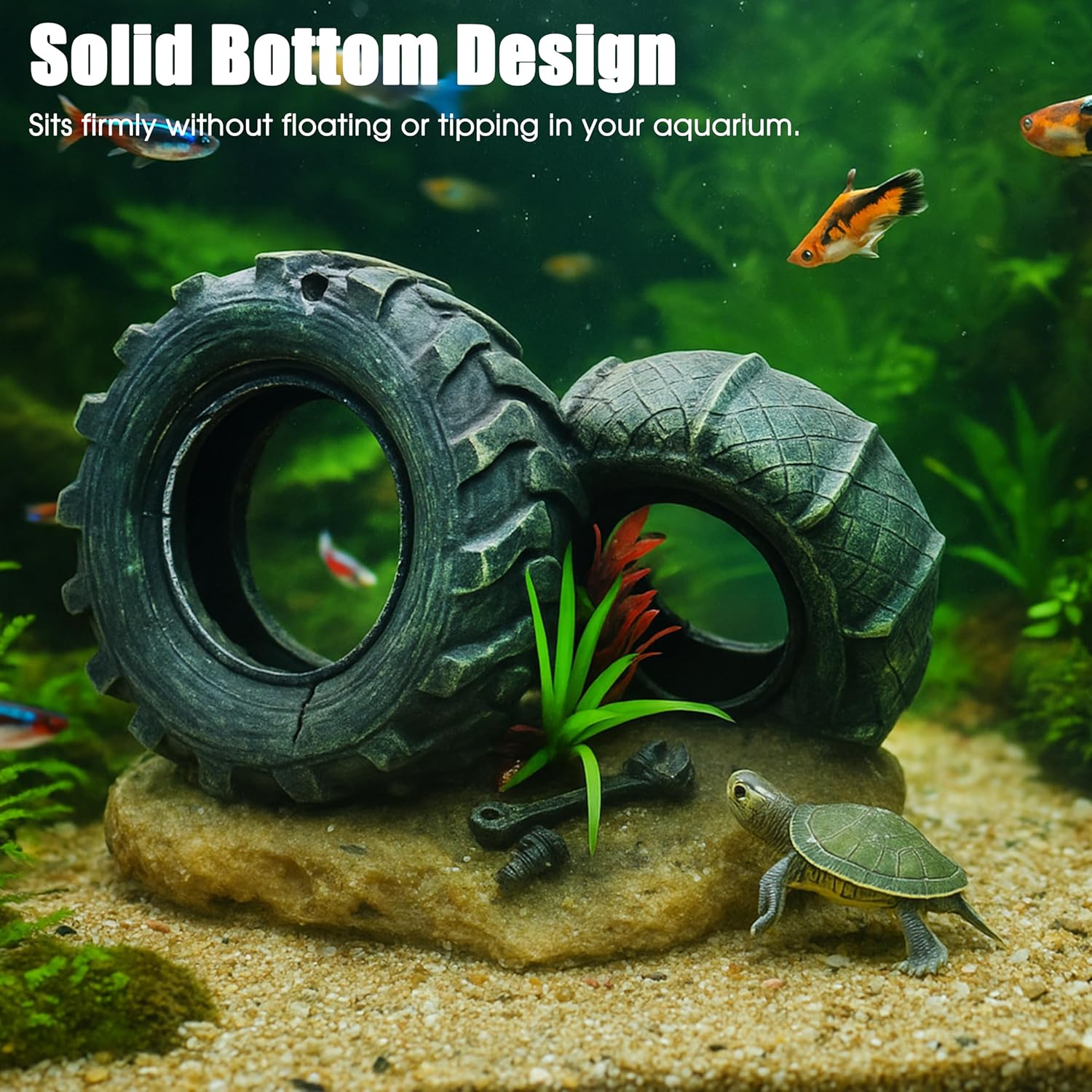 Aquarium Resin Decorations, Tree House Ornament-Tire Scene, Aquarium Decor for Glofish, Betta Accessories, Turtle Hideouts, Aquarium Plants, Ornaments & Fish Tank Accessories (Tire landscape)