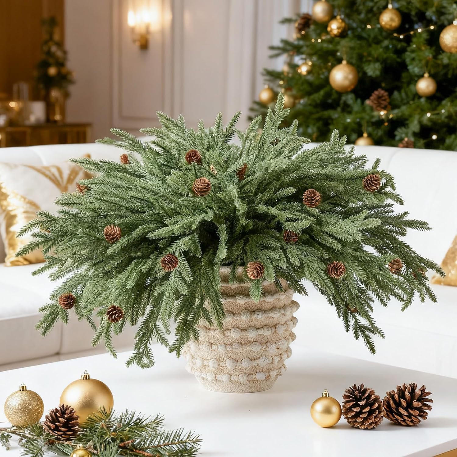 DN DECONATION Artificial Christmas Norfolk Pine Stems, Faux Pine Branches with Cones 22.4" 12PCS - Greenery Fake Pine Needles for Vase Arrangements, Winter, Holiday Indoor Outdoor Home Decor