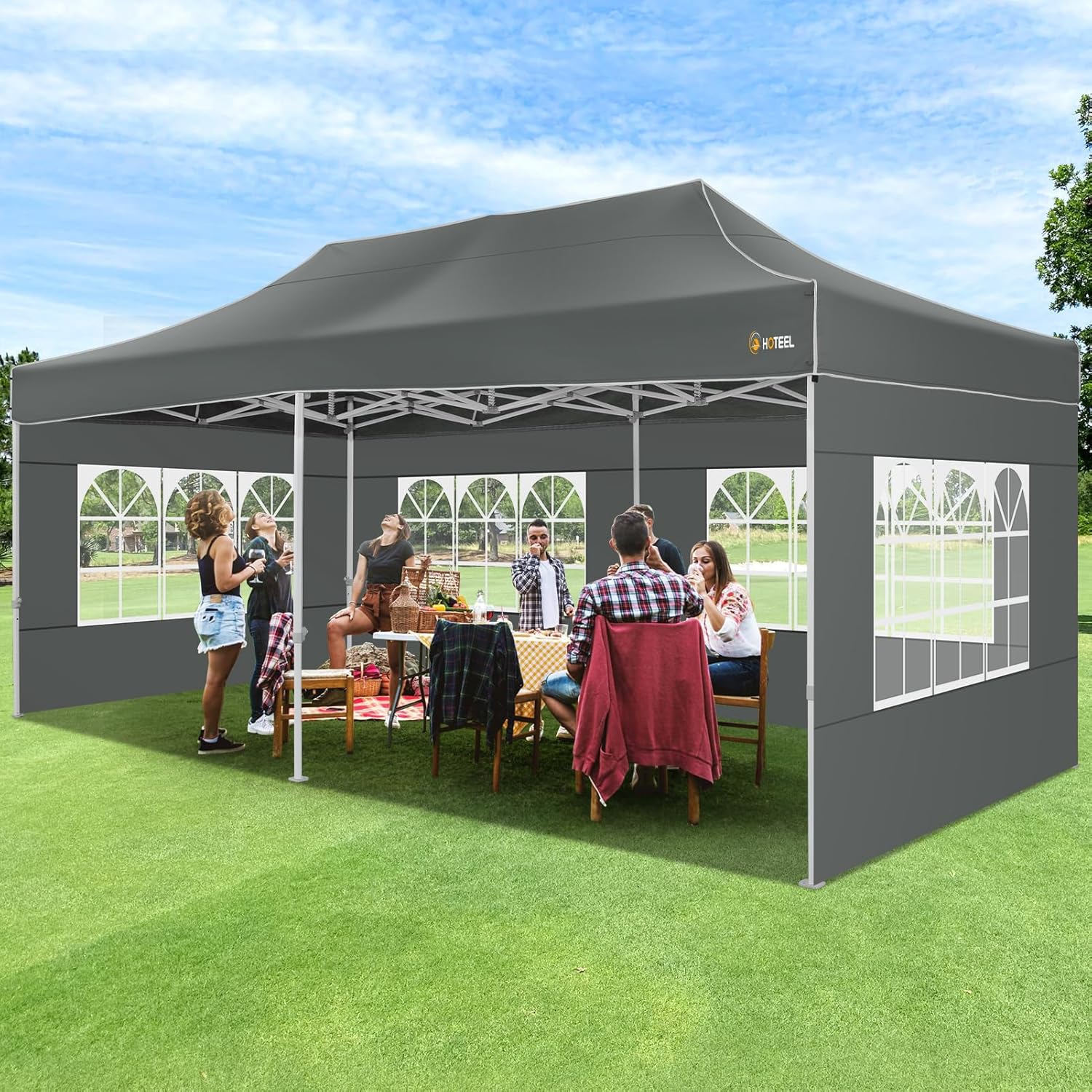 HOTEEL 10x20 Pop up Canopy Tent for Parties, Heavy Duty Easy Setup Tent with 6 Sidewalls, Outdoor Commercial Instant Gazebo for Wedding Event, with Roller Bag & Sand Bags, Grey(Hexagonal Frame)