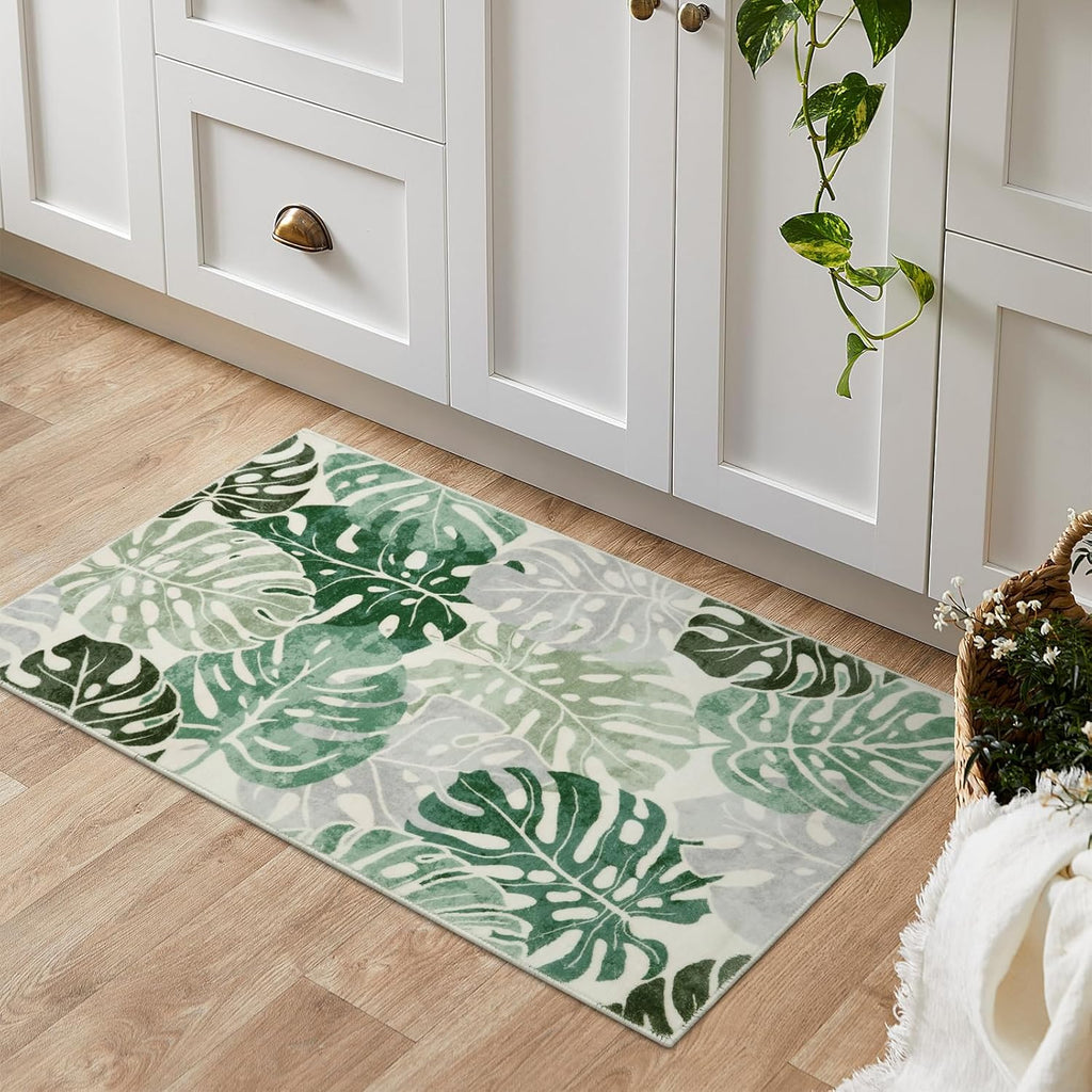Wonnitar Tropical 2x3 Small Bathroom Rug, Washable Green Leaf Bath Mat, Non-Slip Cute Monstera Kitchen Sink Throw Rug, Low Pile Non-Shedding Floor Carpet for Bedside Dorm Doormat Decor