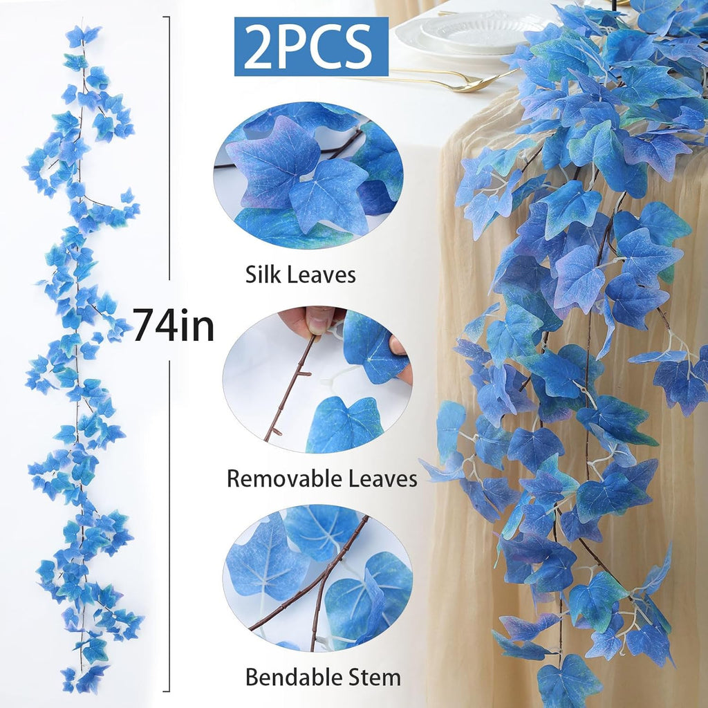mizii 2 Strands Artificial Vines Blue Ivy Garland 74" Fake Vine with Silk Leaves Faux Hanging Plants Greenery Decoration for Outdoors Wedding Party Indoor Bedroom Home Wall Room Decor (Blue)