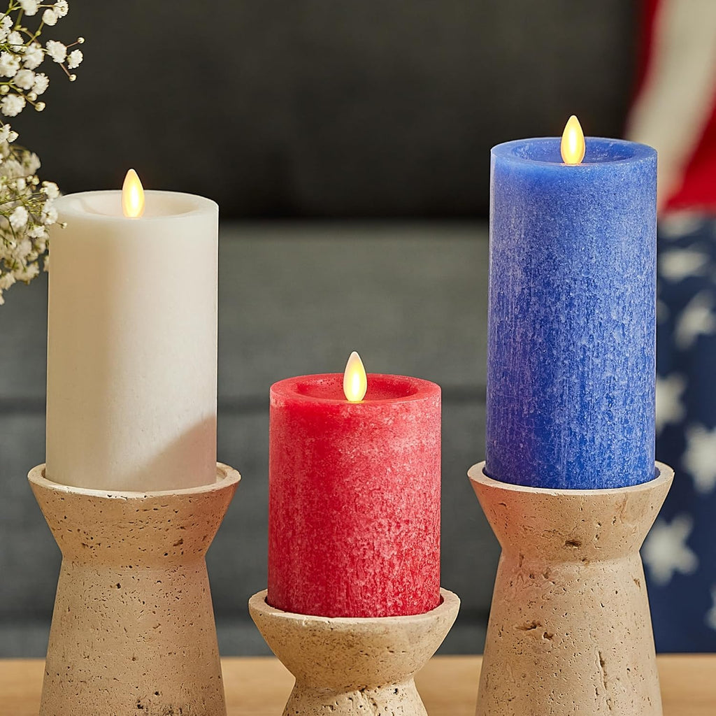 Luminara Red White & Blue Americana Pillar Trio - Set of 3 Flickering Flameless Wax Candles - Battery Operated LED Real Flame Illumination for Patriotic Holiday Decor - Timer - Remote Sold Separately