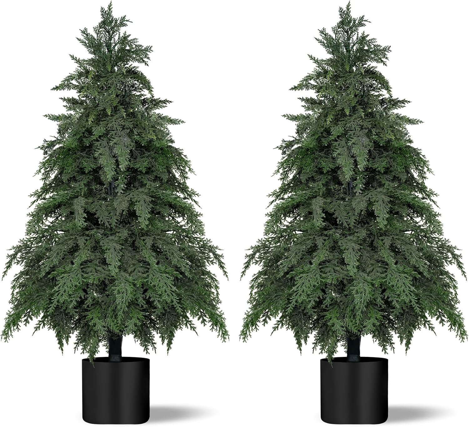 2Pack Artificial Topiary Trees, 3FT Faux Cypress, Faux Evergreen Pine Shrubs Plants with Pot, Potted Plants for Front Porch Indoor Outdoor Garden Christmas Decor
