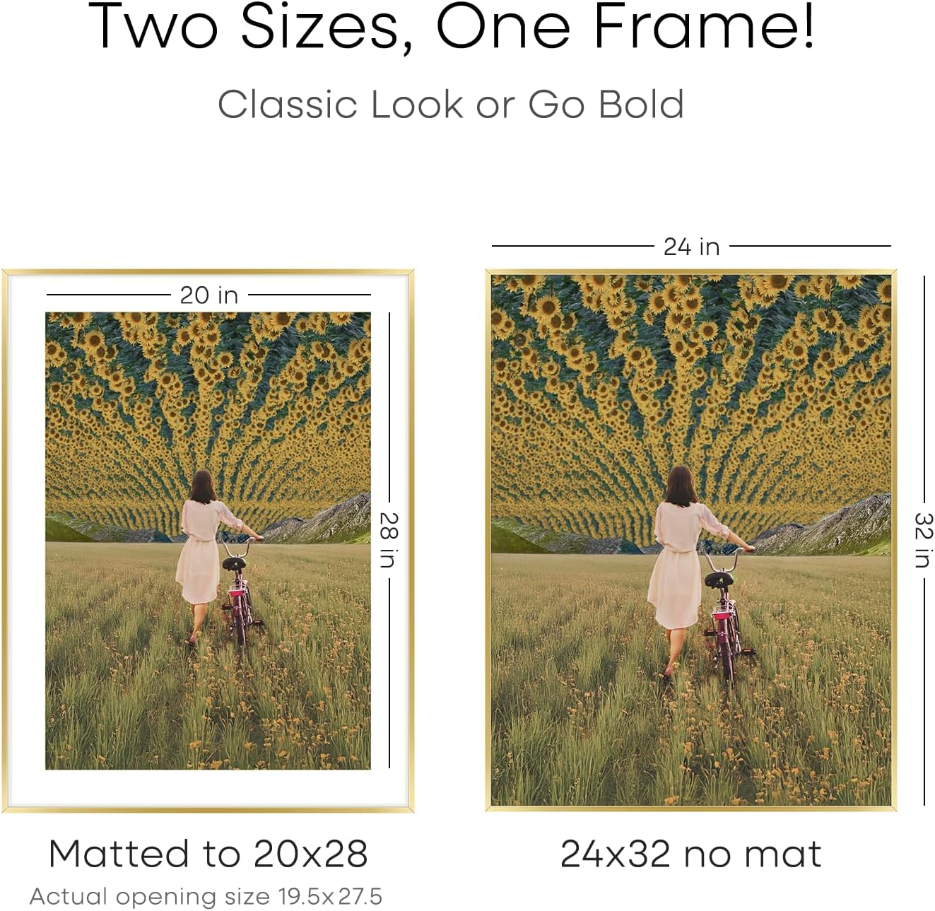 Homeforia 24x32 Poster Frame Gold, High End Metal 24 x 32 Large Picture Frames with Mat 20 by 28 for Photo, 24x32 Gold Frame Matted to 20x28 inch Print, 32x24 Frame, Tempered Glass, Wall Kit, Set of 2