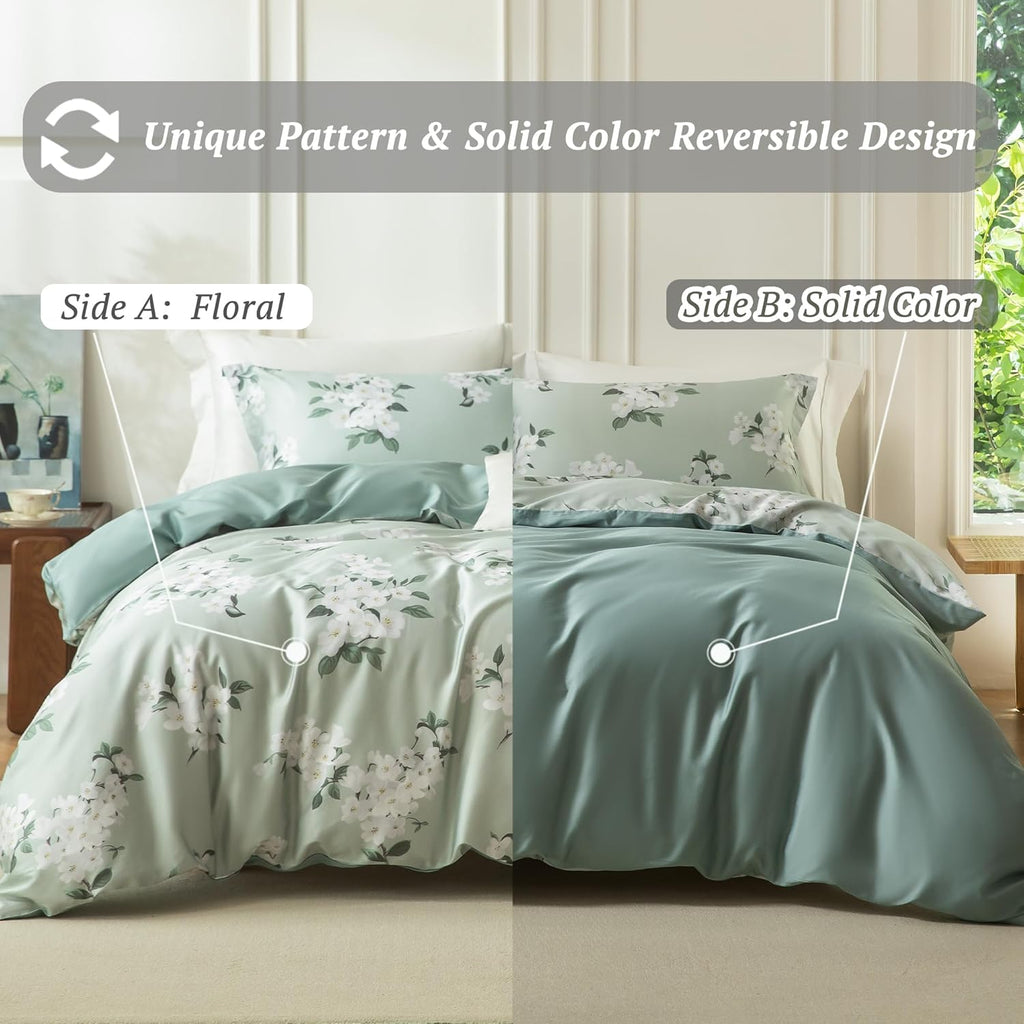 MILDLY Full Size Duvet Cover Set 100% Long-Staple Cotton Luxury Sage Green Floral Patten Reversible Comforter Cover Set 3Pcs