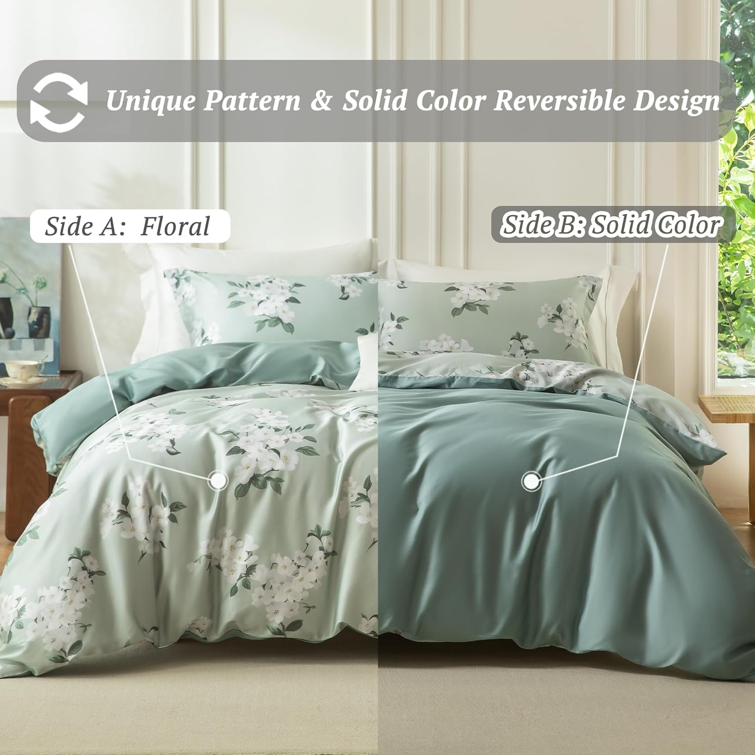 MILDLY Full Size Duvet Cover Set 100% Long-Staple Cotton Luxury Sage Green Floral Patten Reversible Comforter Cover Set 3Pcs