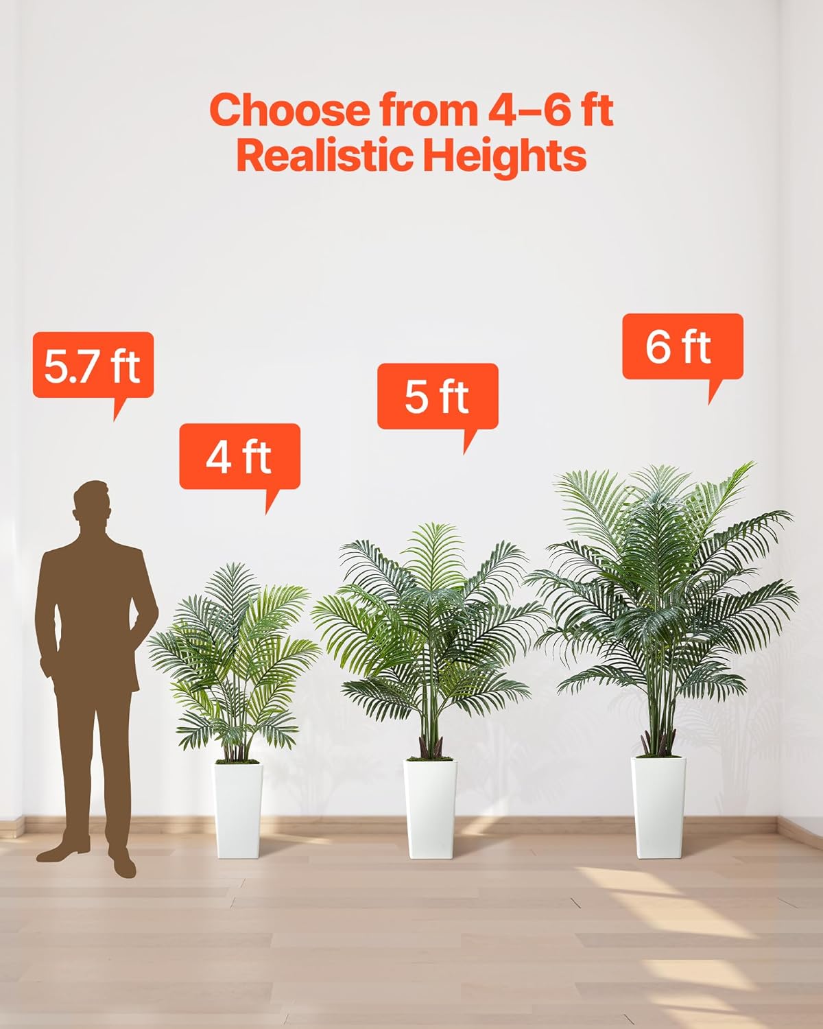 VEVOR Artificial Areca Palm Tree 5 ft, Fake Palm Tropical Plants with White Tall Planter, Faux Floor Silk Plant in Pot, Large Trees for Home Office Living Room Decor House Warming, Indoor Outdoor