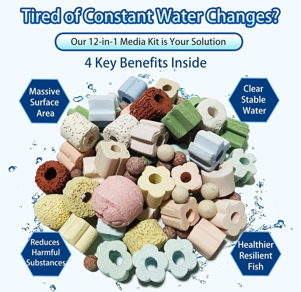 12-in-1 Biological Aquarium Filter Media Kit for Crystal Clear Water - Supports Nitrogen Cycle with Bio Balls, Ceramic Rings for Freshwater Saltwater Aquarium, Pond, Sump, Canister Filter (1.1lb)