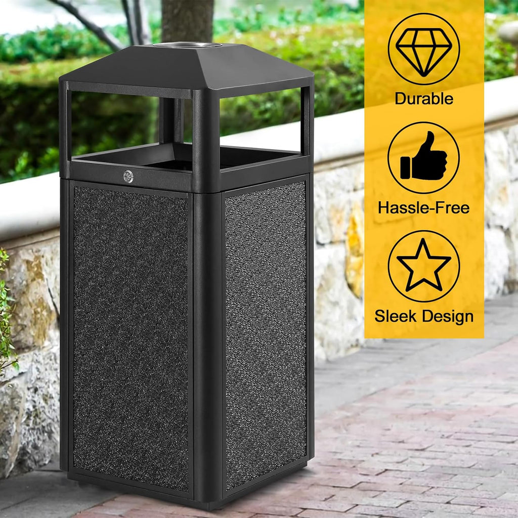 Commercial Square Receptacle Garbage Can with Dome Lid, W/Stylish Panels,Black, 15 Gallon