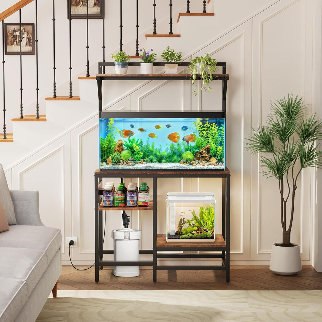 40-50 Gallon Fish Tank Stand, Aquarium Stand with Power Outlet, Heavy-Duty Reptile Terrarium Stand with 6-Leg Support and 4-Tier Adjustable Storage Shelves