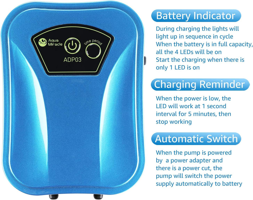 AquaMiracle USB Aquarium Air Pump Rechargeable Aerator for Bait Bucket, Portable Battery Powered Air Pump for Aquarium, Fish Tank Air Pump for Outdoor Fishing, Power Outage & Emergency